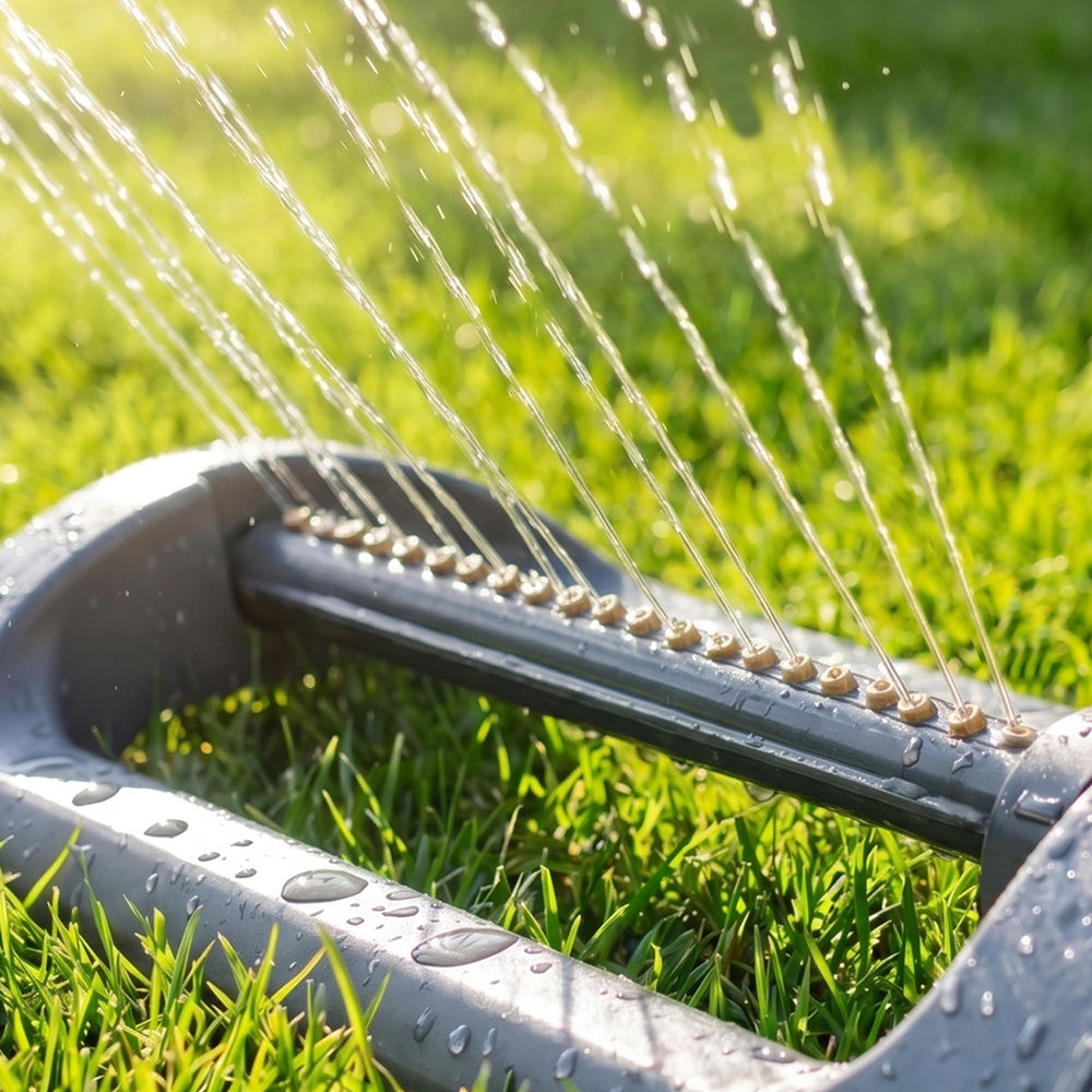 Sprinkler in use watering a large lawn area
