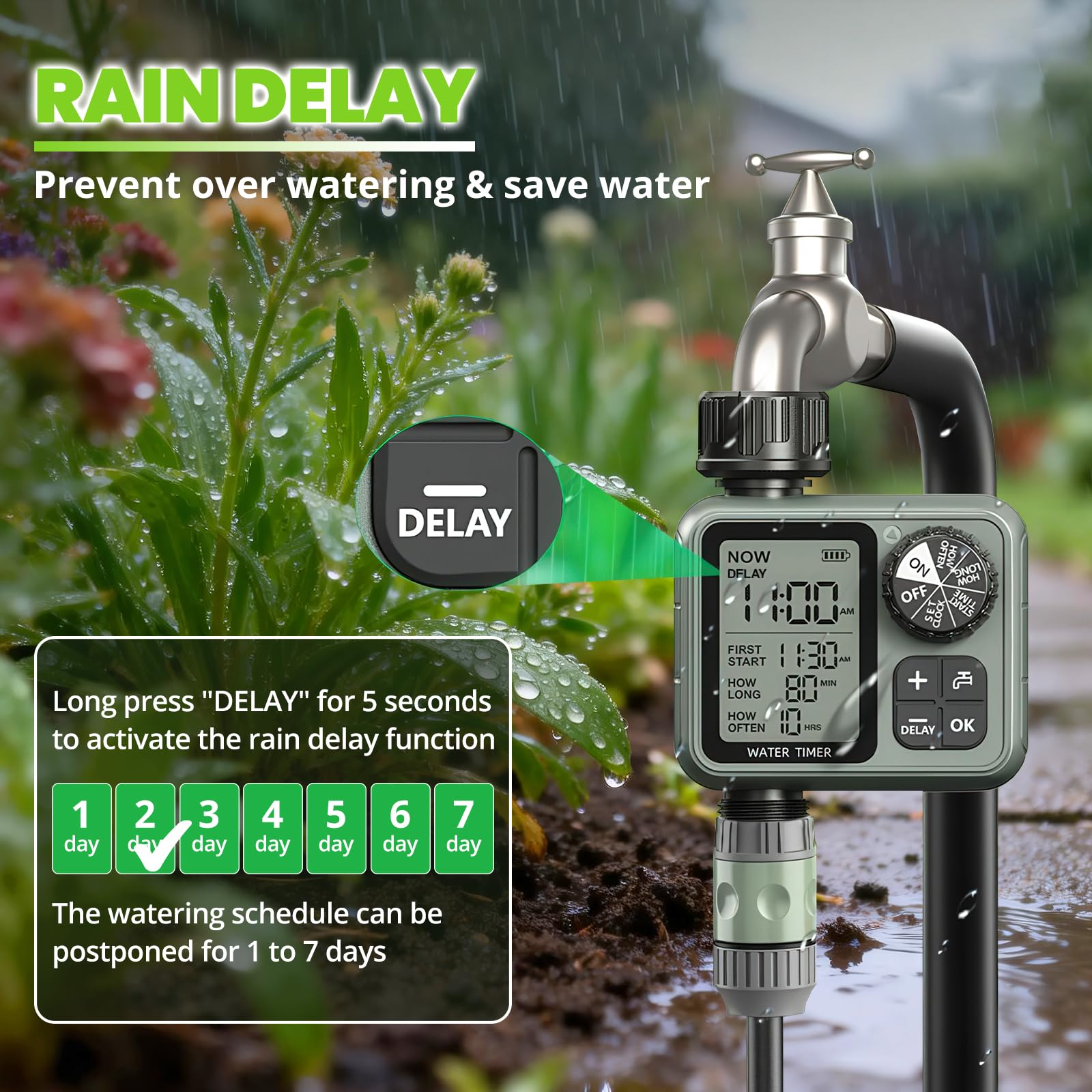 Sprinkler Timer large LCD screen showing settings