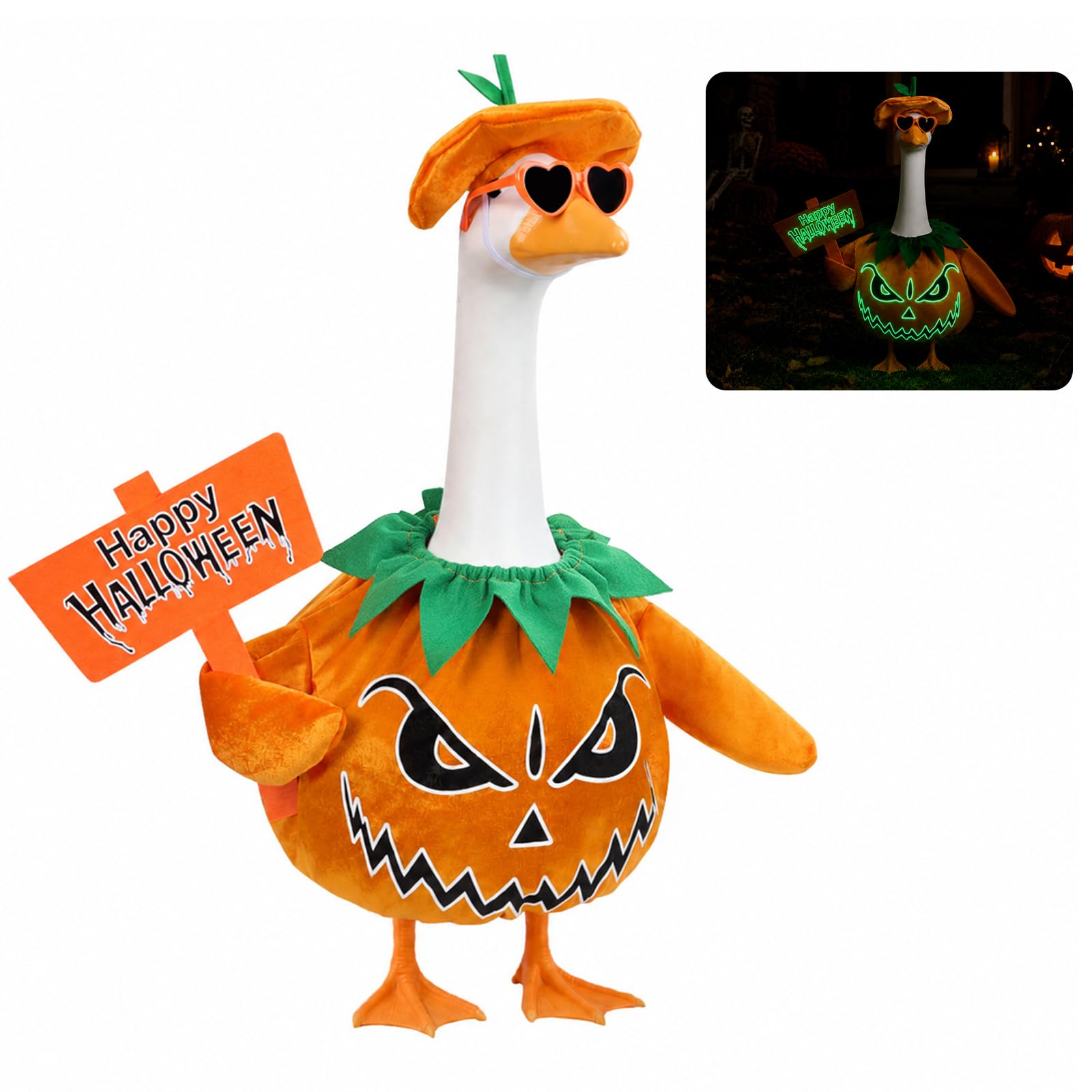 SprintGy Halloween Pumpkin Porch Goose Outfit front view with pumpkin hat