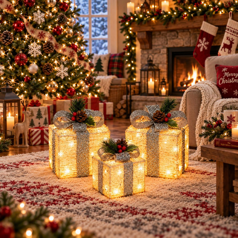 SPRKLINLIN lighted gift boxes displayed on a mantel