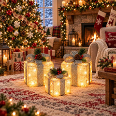 SPRKLINLIN lighted gift boxes displayed on a mantel