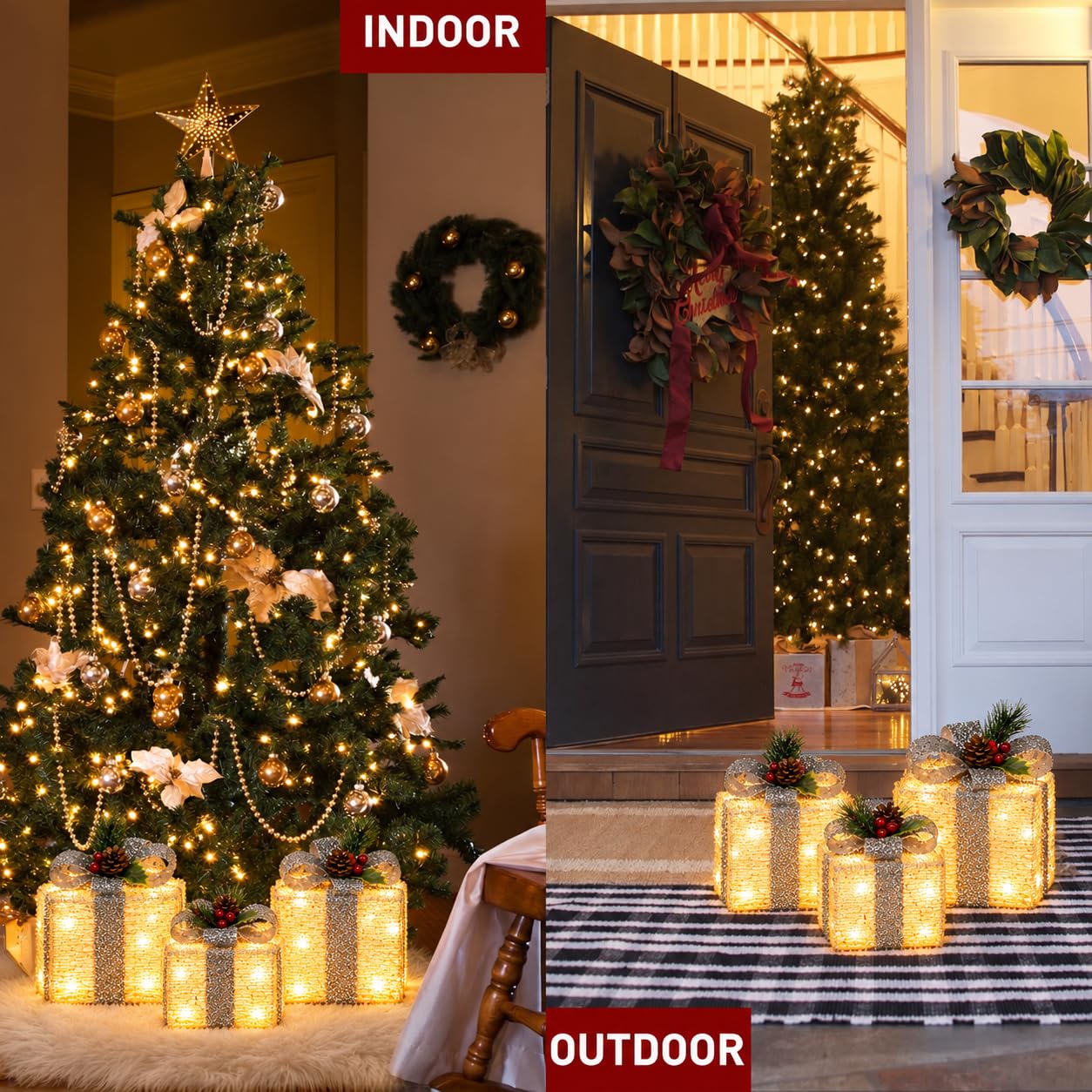 SPRKLINLIN lighted gift boxes in a festive setting