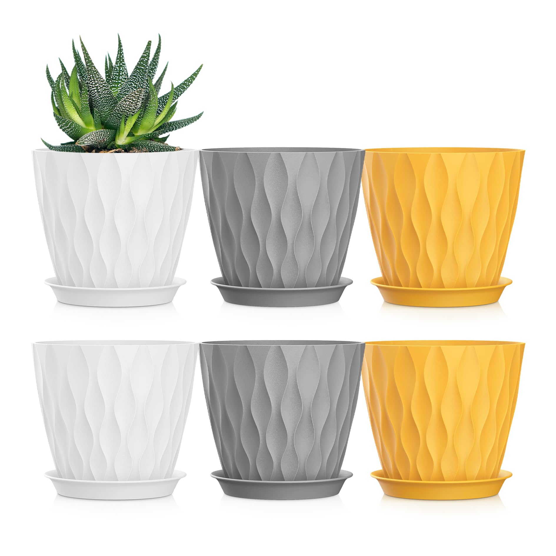 SQKH 5-inch planter pots in orange, grey, and white front view