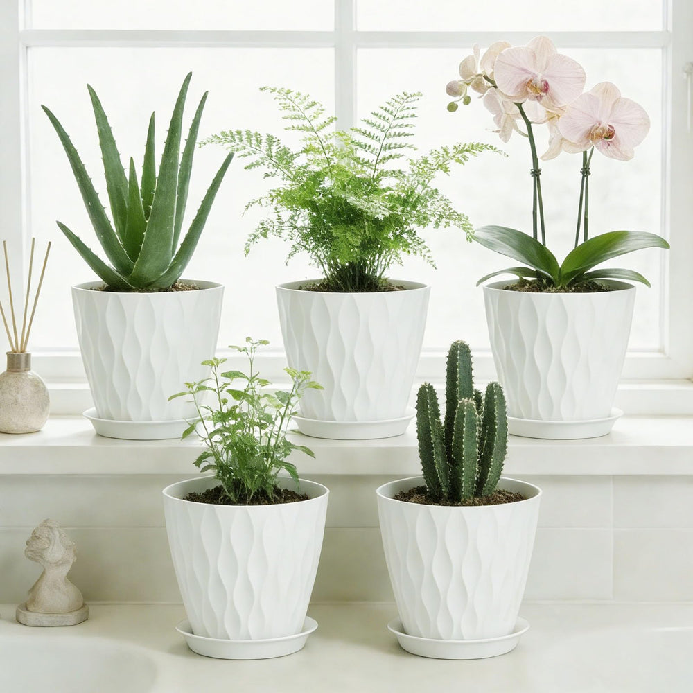 SQKH 8 Inch Plastic Plant Pot displayed indoors with plants