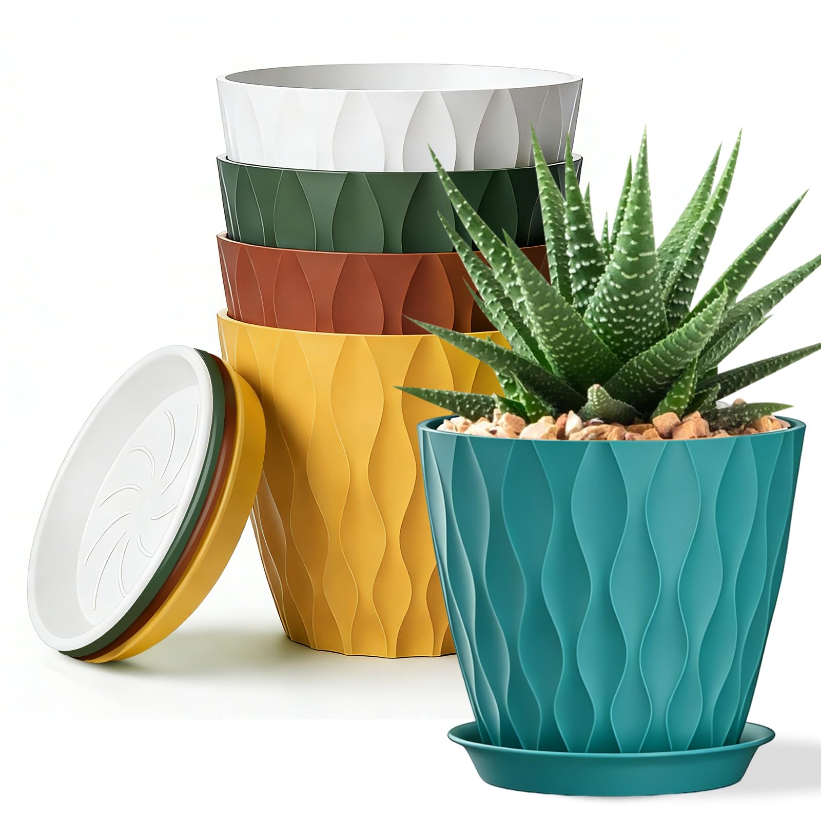 SQKH 8 Inch Plastic Plant Pots colorful set of 5 with trays