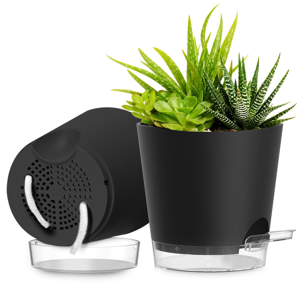 SQKH 8 Inch self-watering plant pots black front view