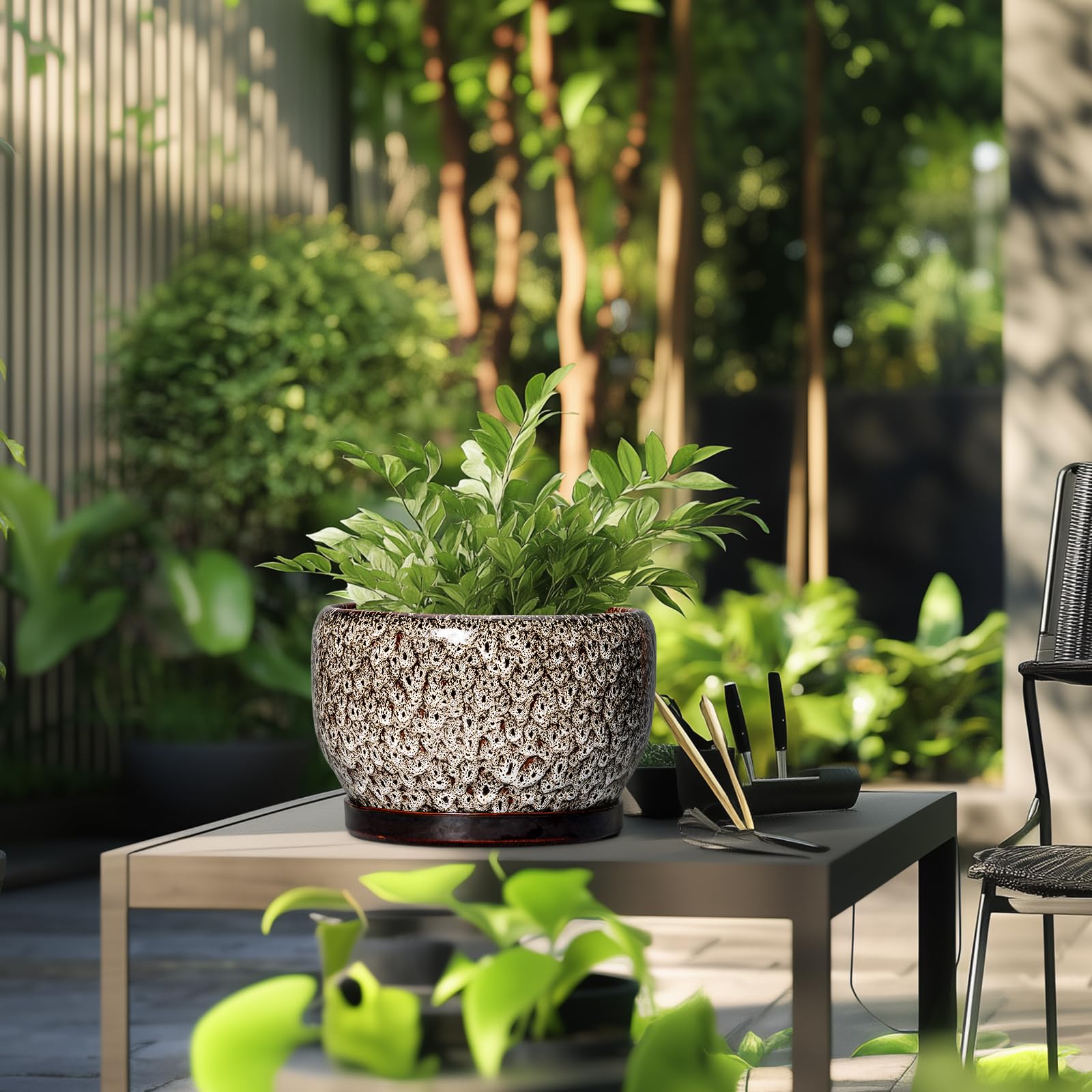 SQOWL ceramic planter in a garden setting