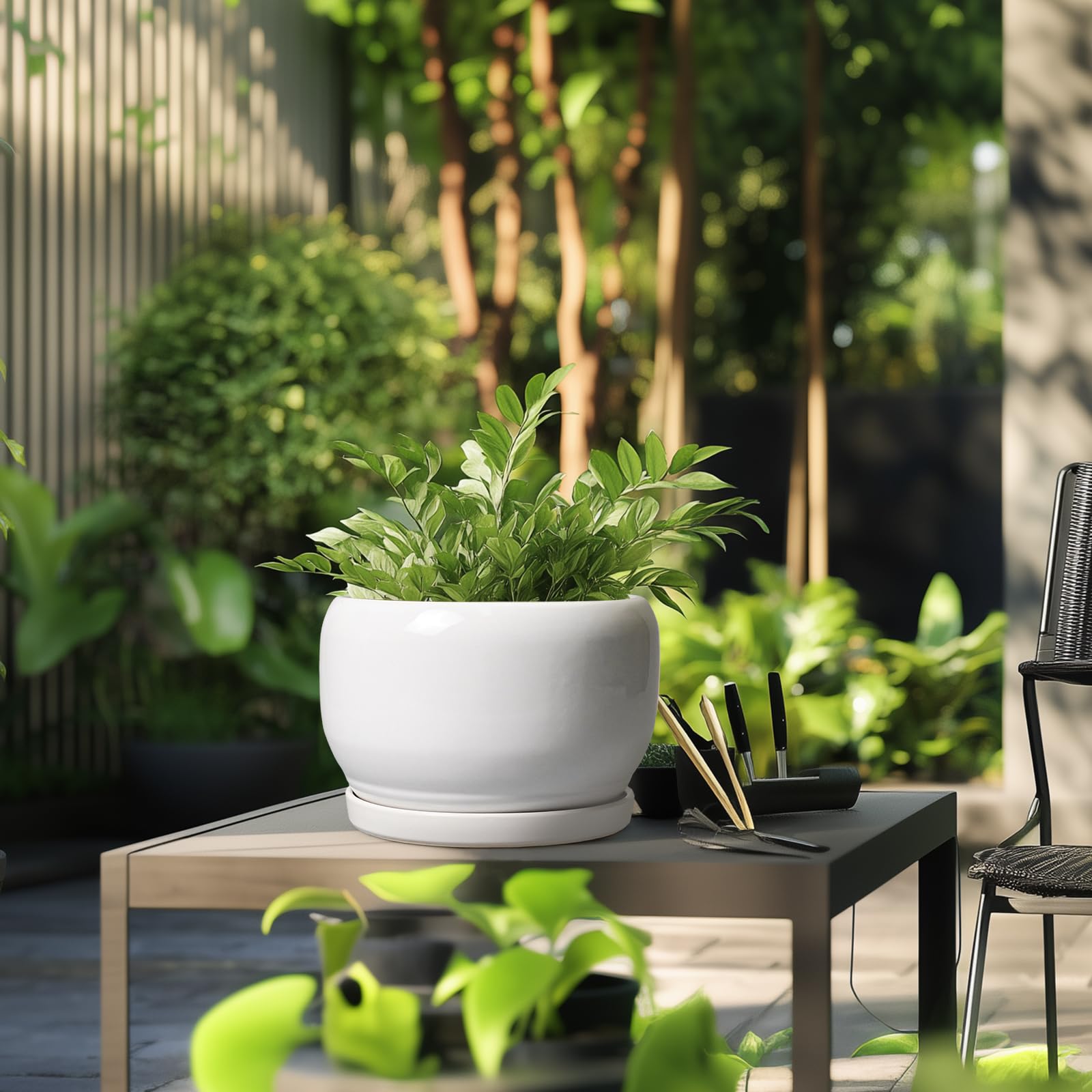SQOWL ceramic planter on patio with decorative plants