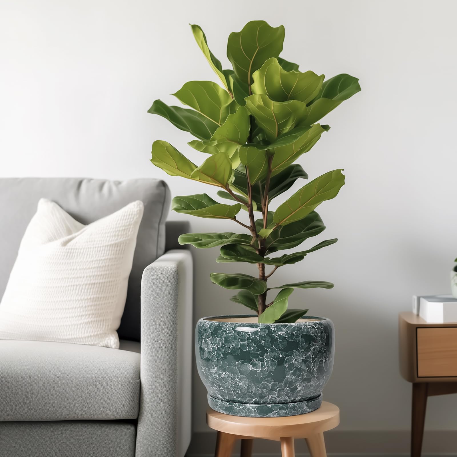SQOWL ceramic planter with drainage hole and saucer