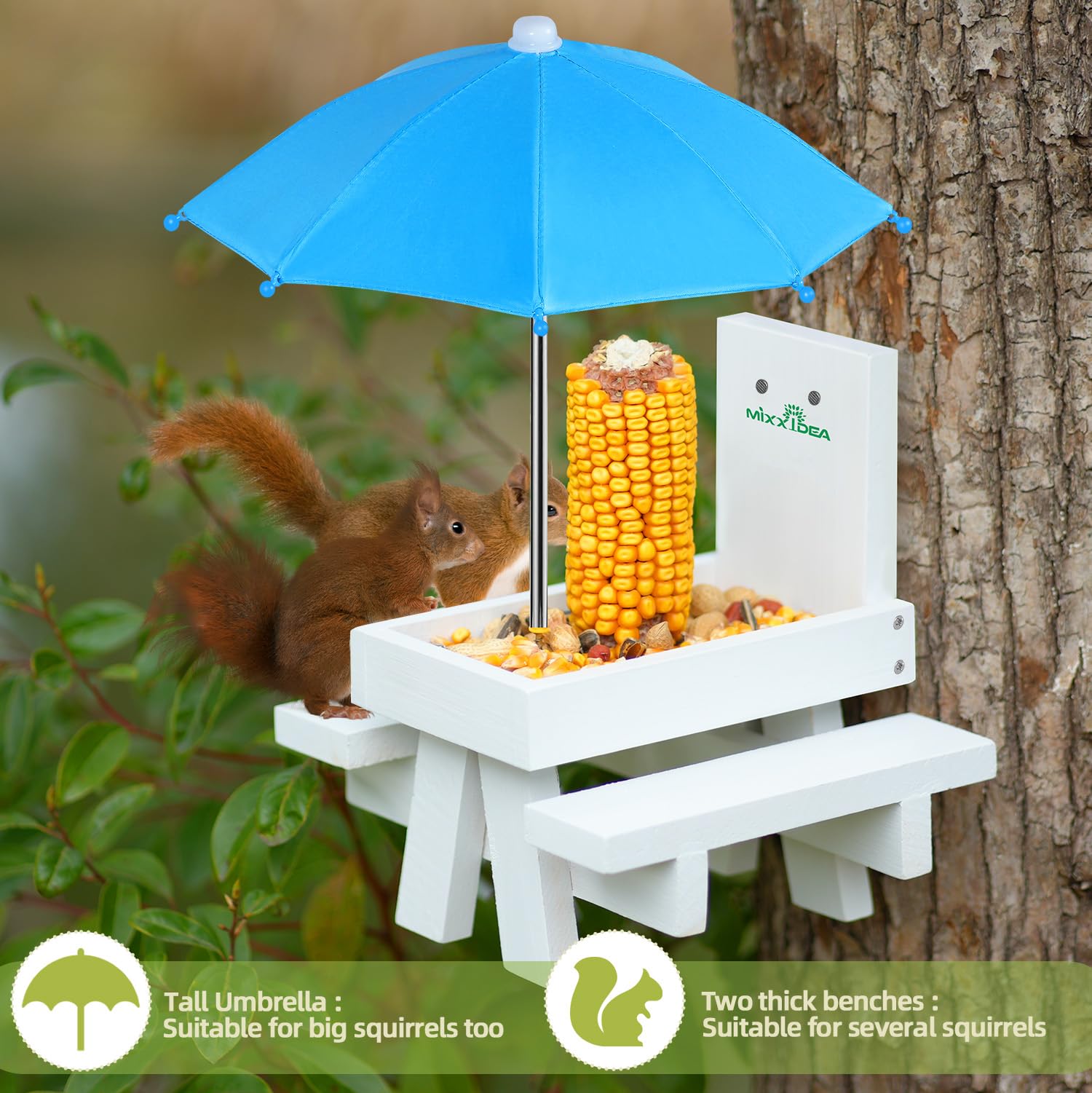 Squirrel on MIXXIDEA feeder eating corn