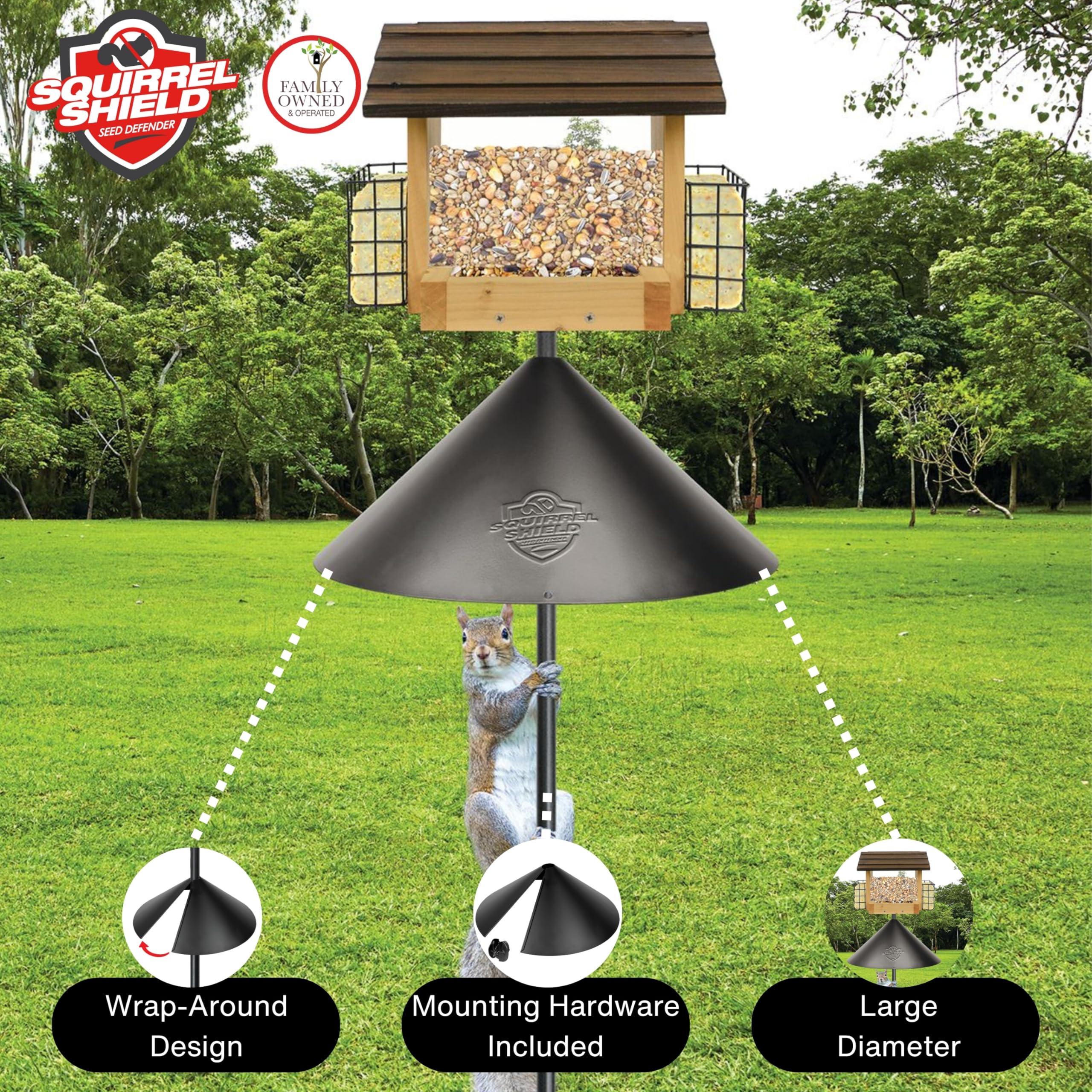 Squirrel Shield baffle with components including pole adapter and screws