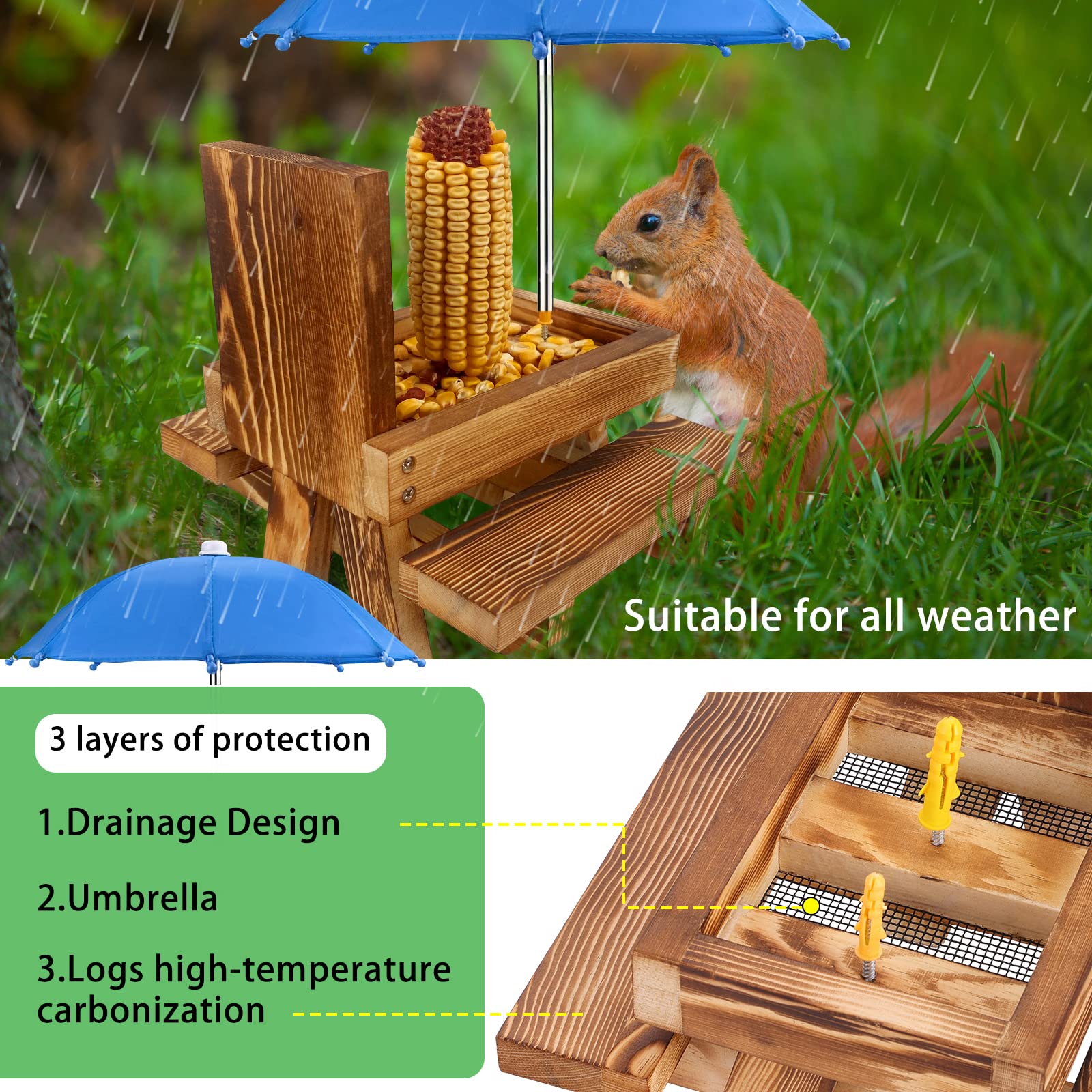 Squirrels enjoying food at the picnic table feeder