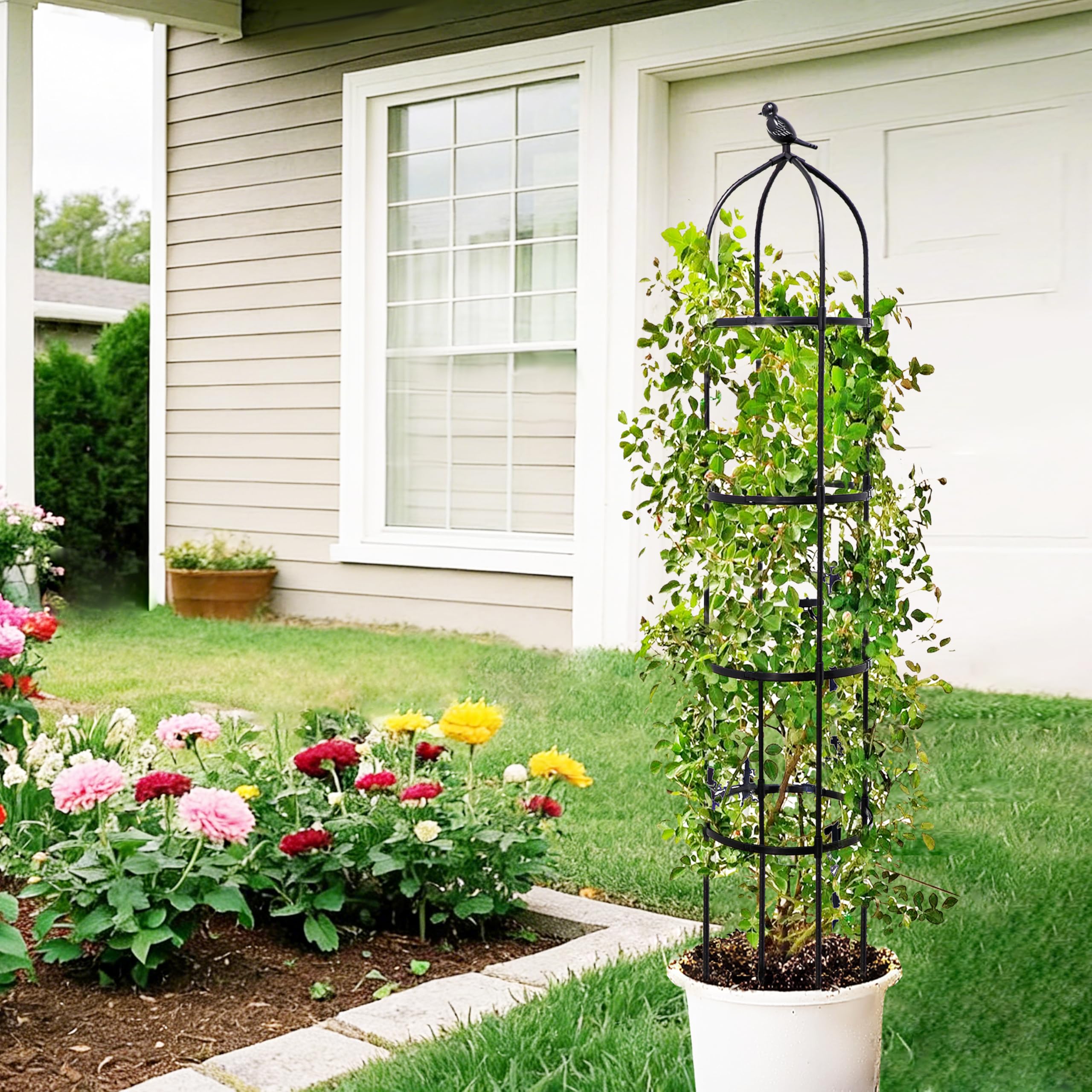 Stable metal trellis anchored in flower bed