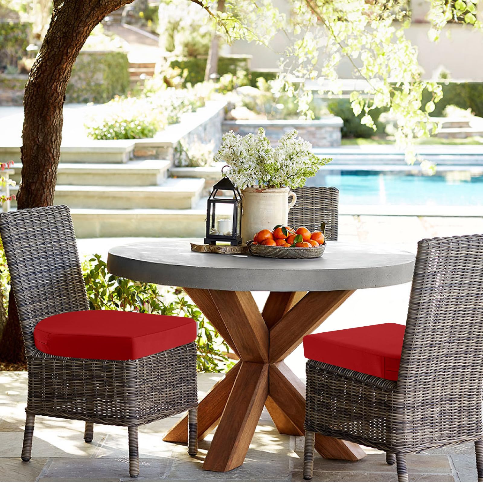 stack of idee-home outdoor chair cushions in lipstick red