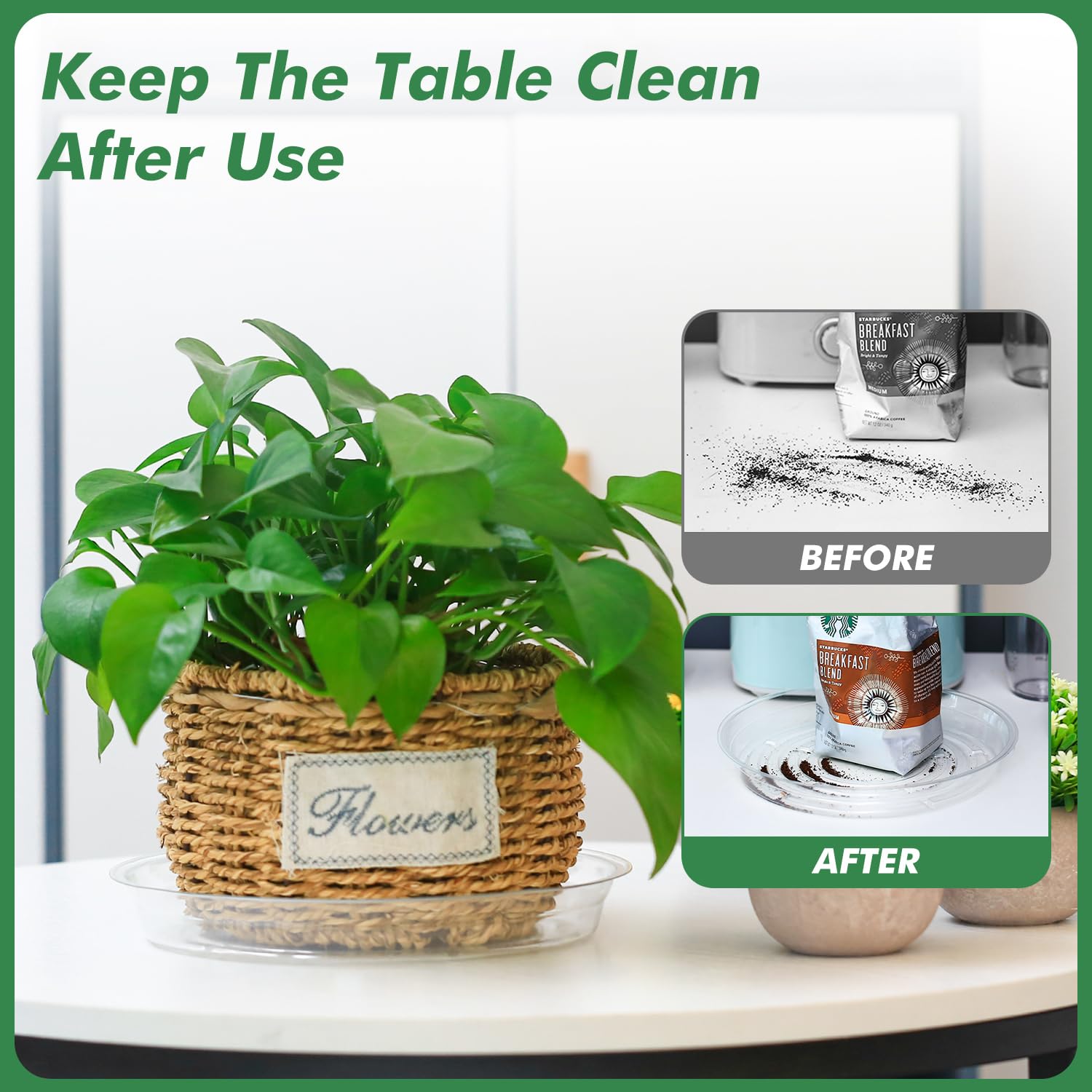 Stack of UltraOutlet clear plant saucers for indoor plants