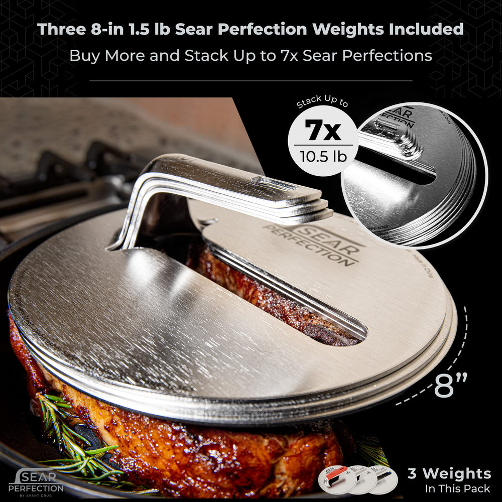Stackable steak weights on a flat top grill with meat