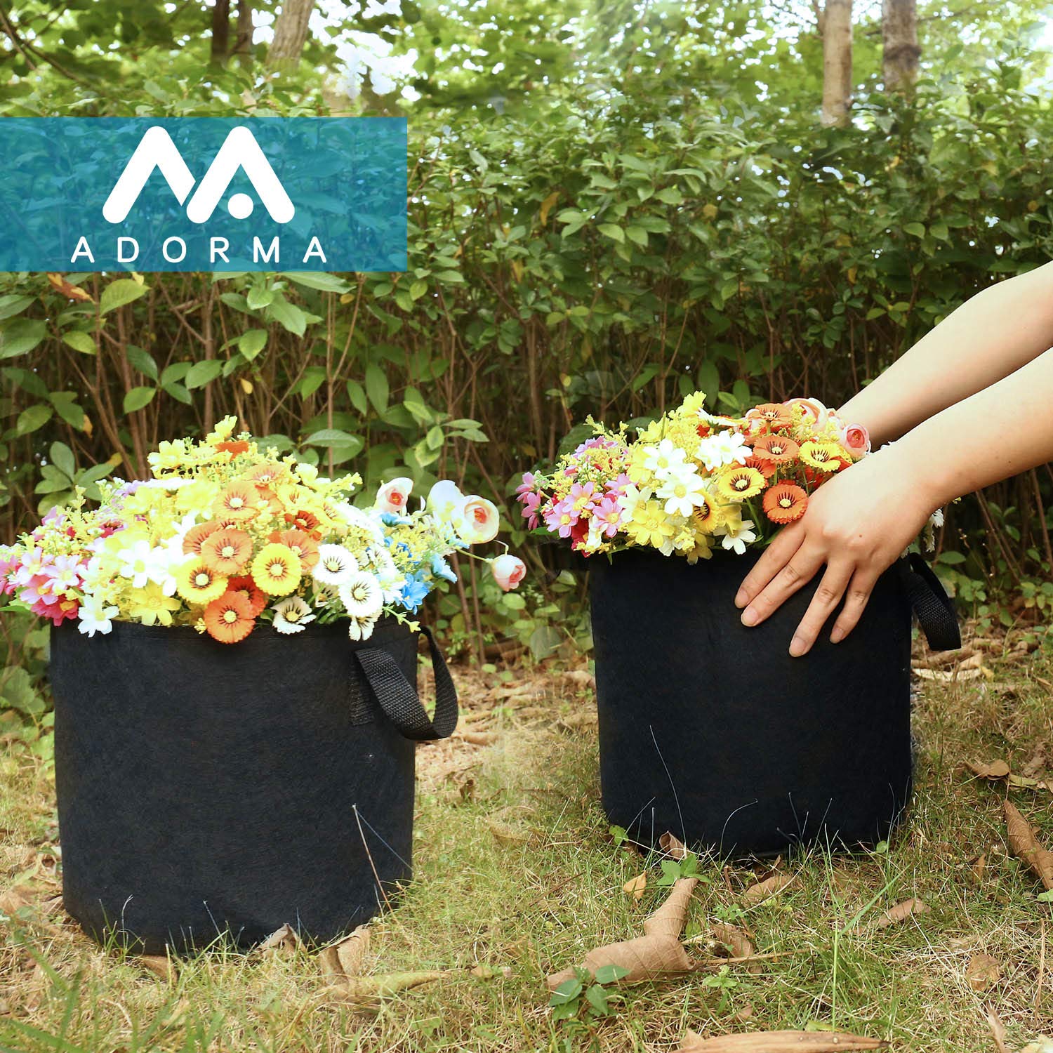 Stacked ADORMA grow bags ready for planting