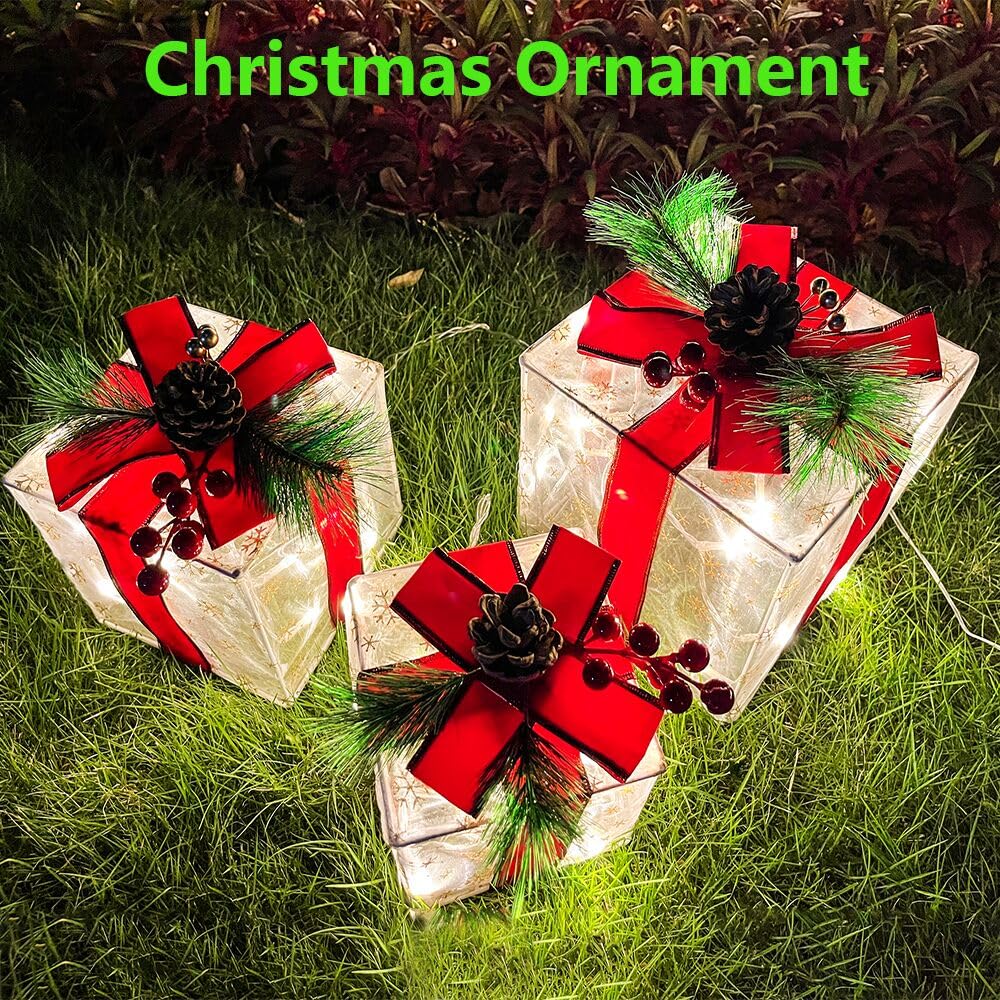 Stacked Lauzior Christmas lighted gift boxes showing different sizes
