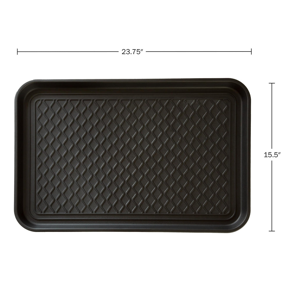Stalwart Boot Tray dimensions 23.75" x 15.5" shown beside a shoe.