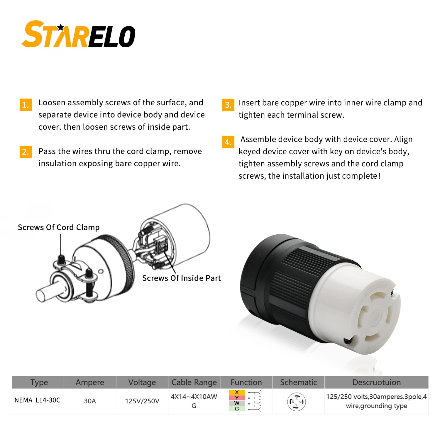STARELO Locking Connector NEMA L14-30C back view