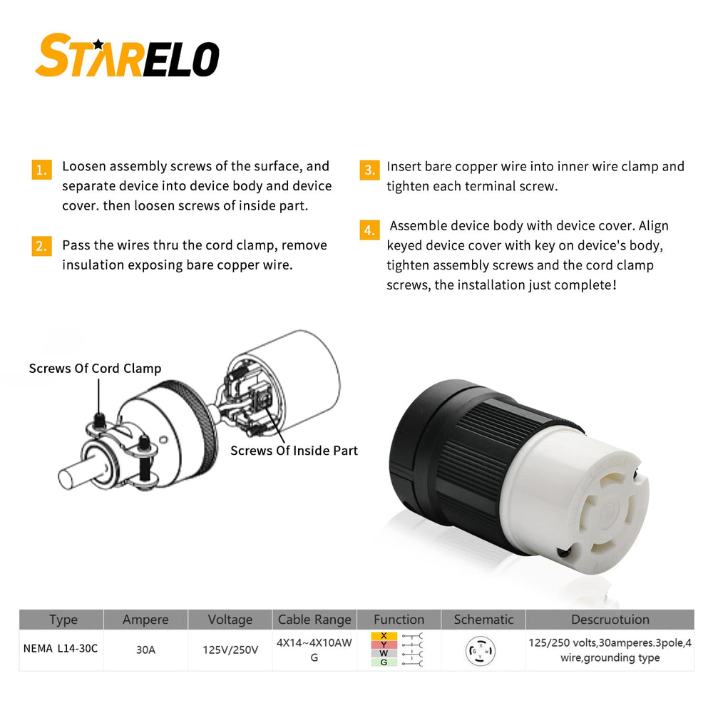 STARELO Locking Connector NEMA L14-30C back view