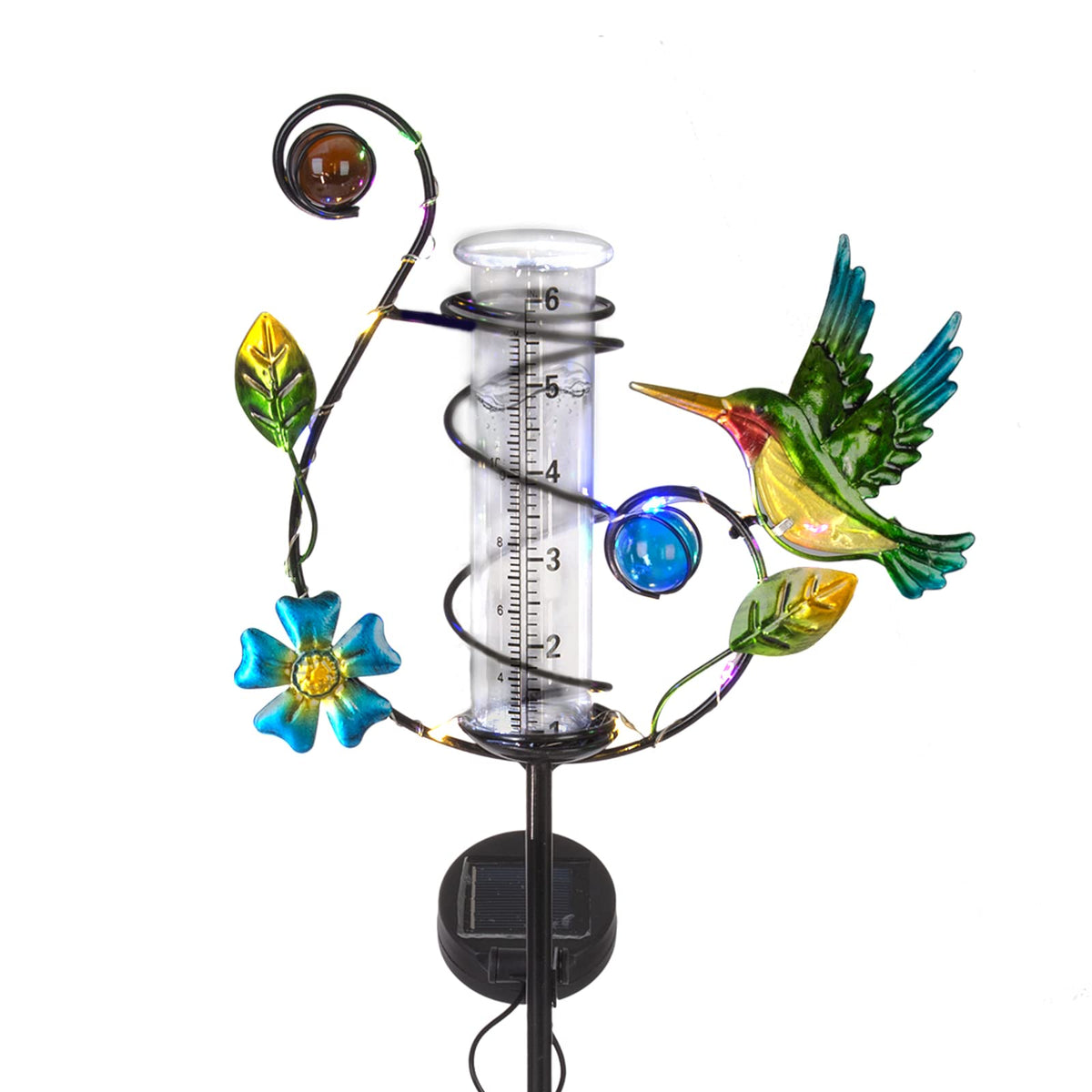 Stargarden Hummingbird Rain Gauge front view with solar panel