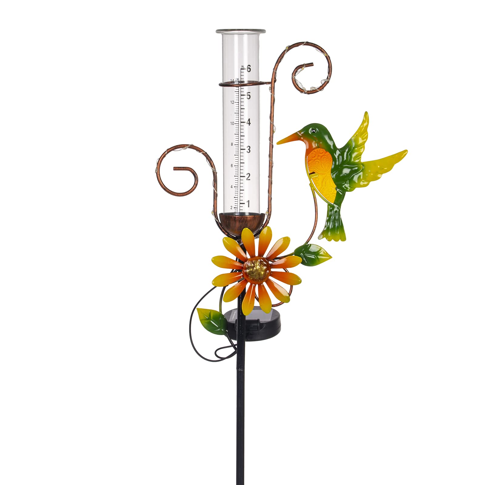 Stargarden Hummingbird Rain Gauge with solar lights front view