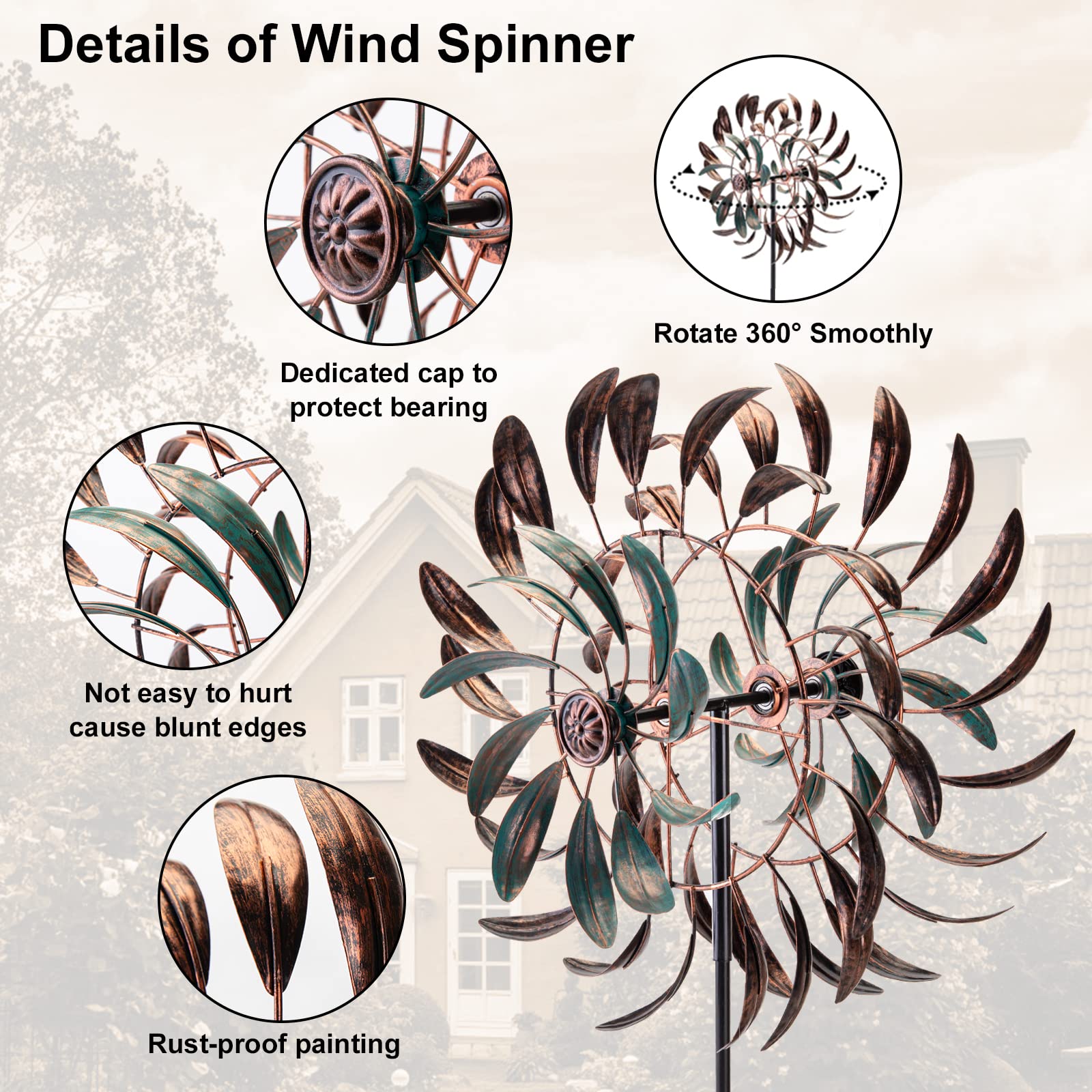 Stargarden wind spinner showing copper blades and base