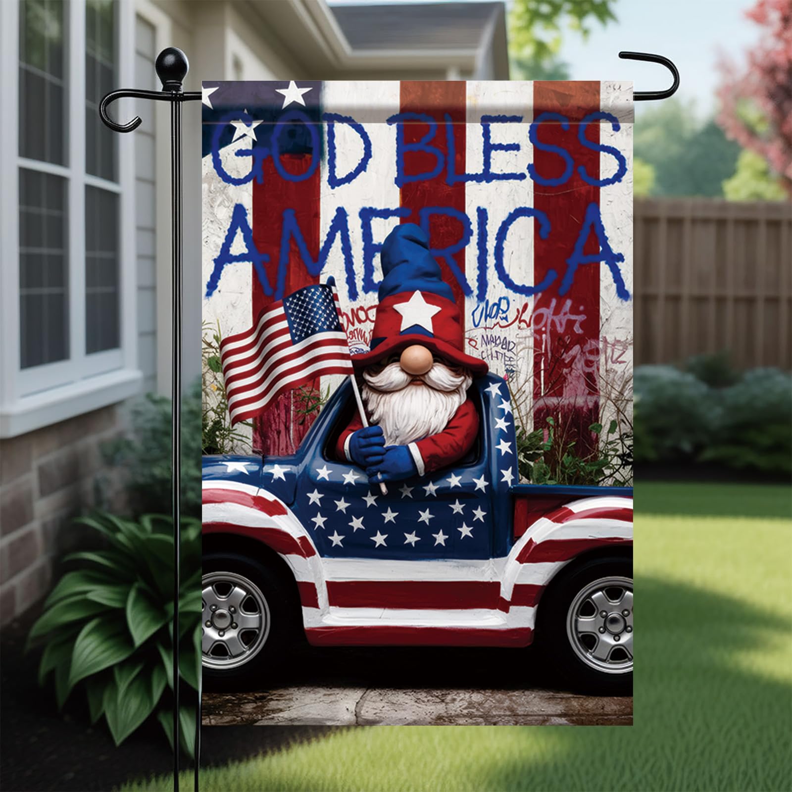 Starlit Patio Garden Flag displayed in a garden