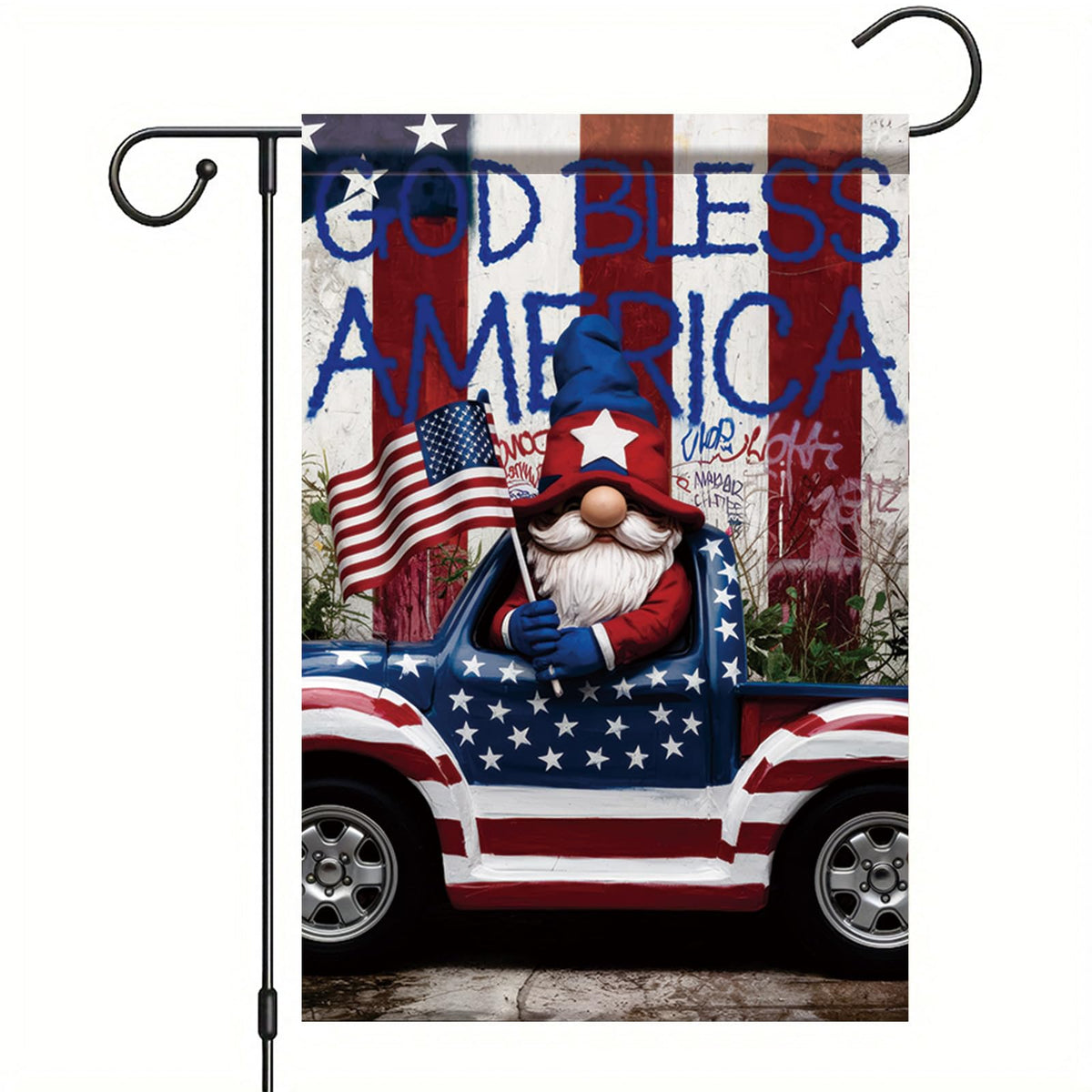 Starlit Patio God Bless America Garden Flag front view with Santa in jeep