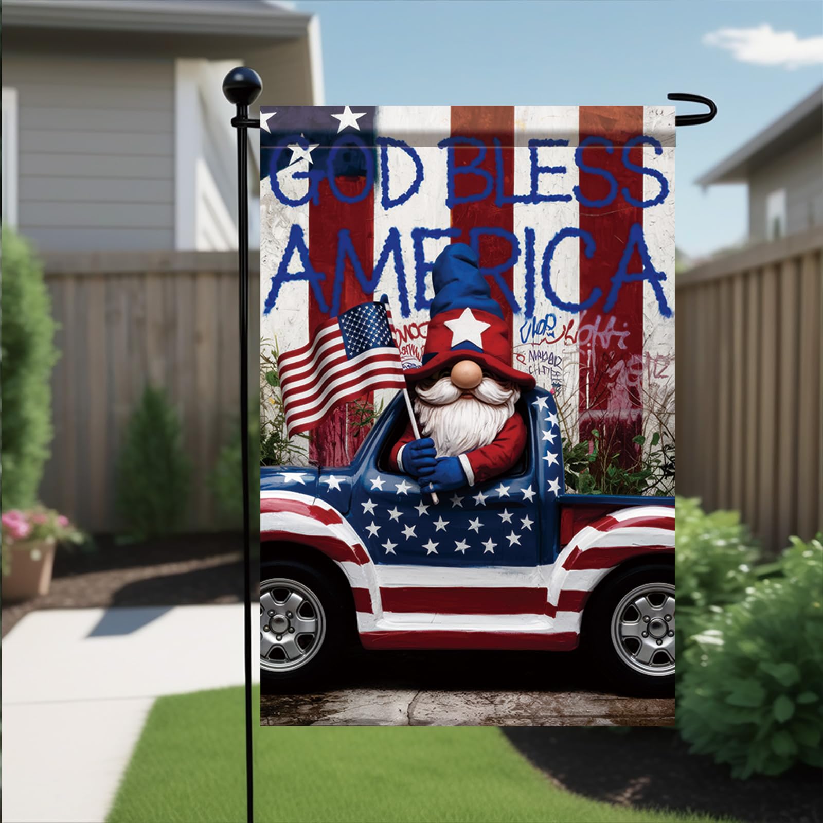 Starlit Patio God Bless America garden flag in summer setting