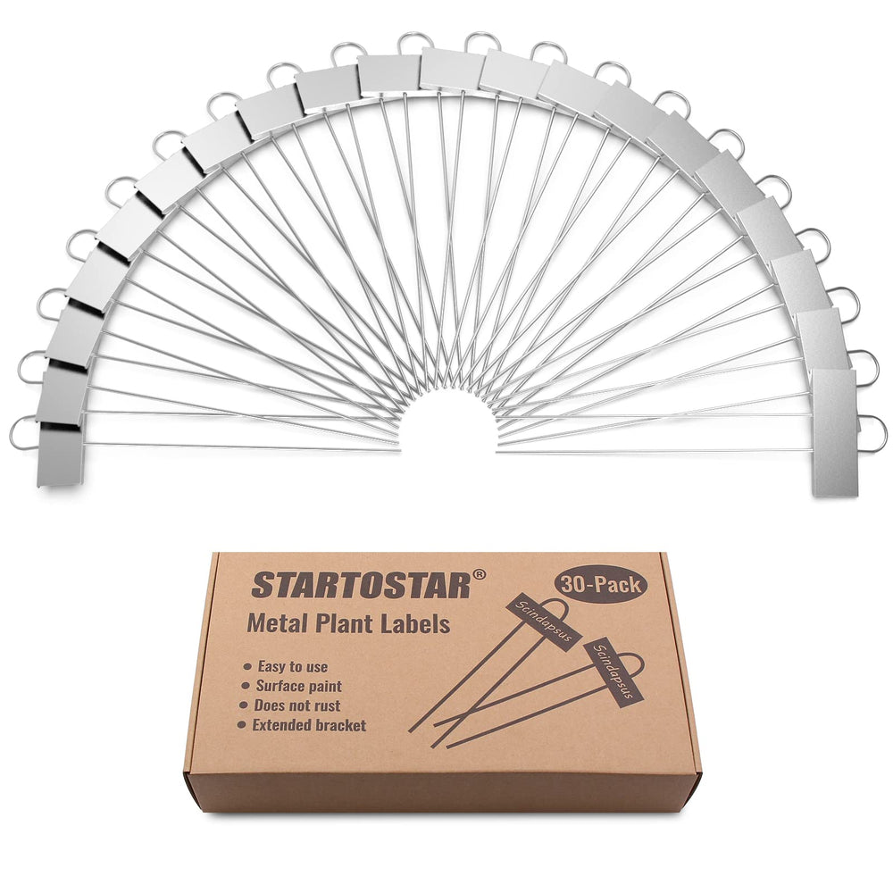 STARTOSTAR 30-pack metal plant labels displayed on a table