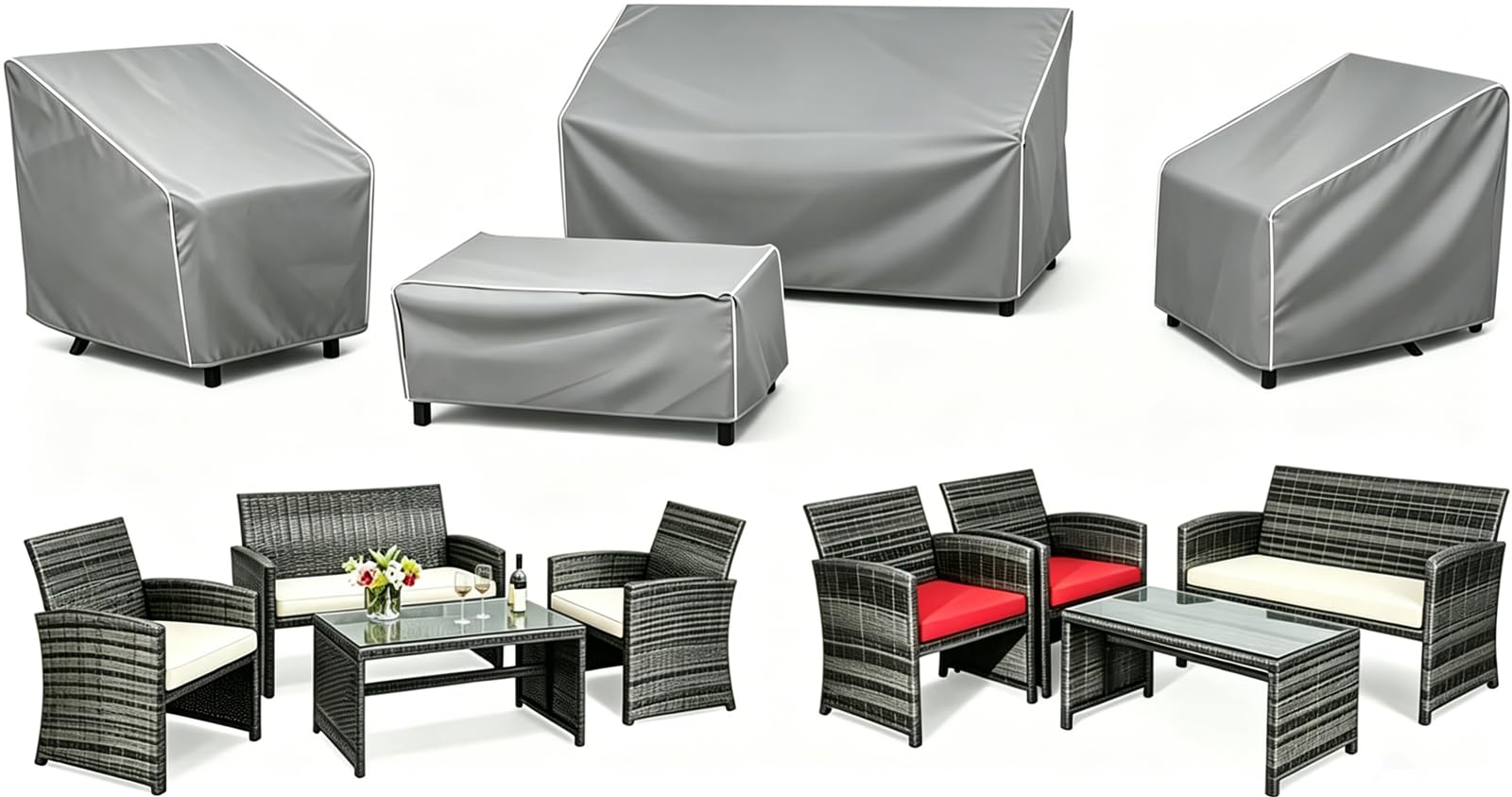 STARTWO Patio Furniture Cover 4 Piece Set grey with white seams