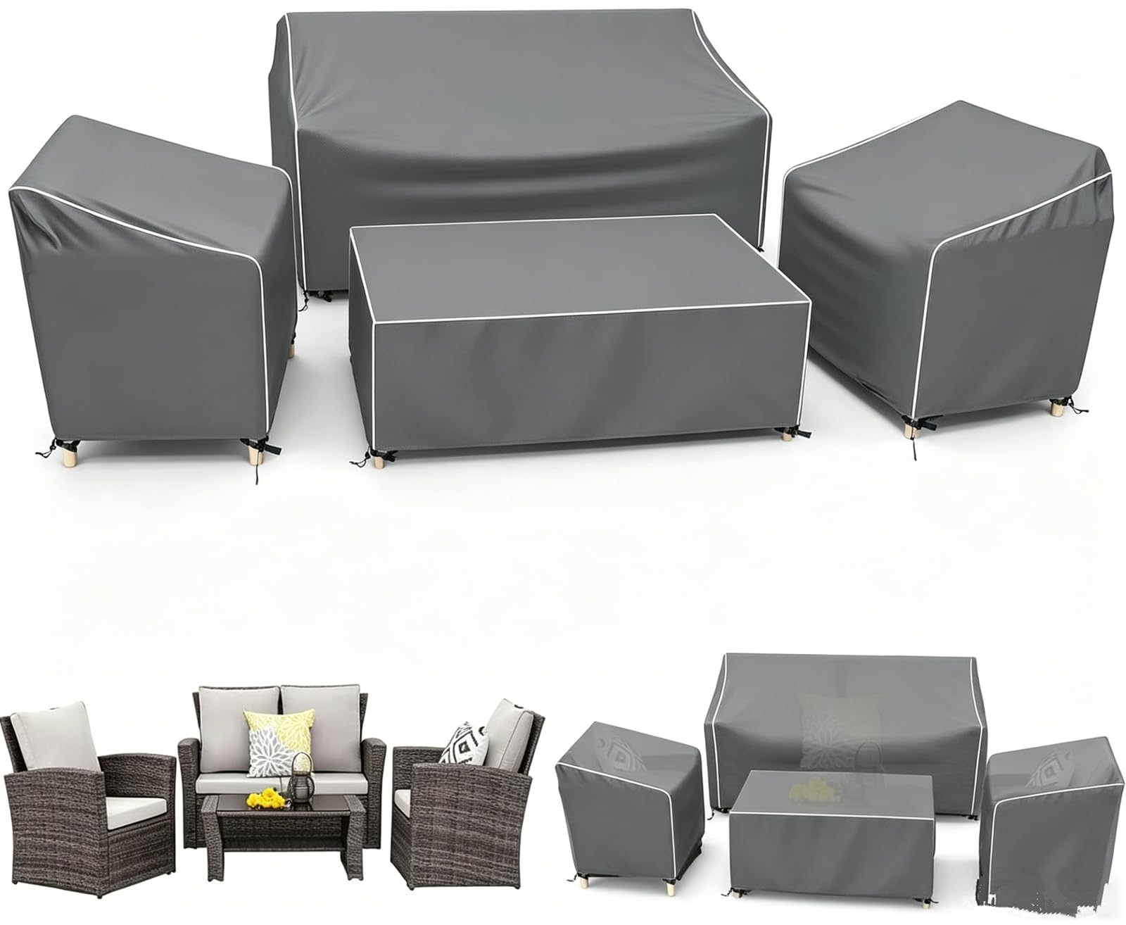 STARTWO Patio Furniture Covers 4-Piece Set Grey with White Seams