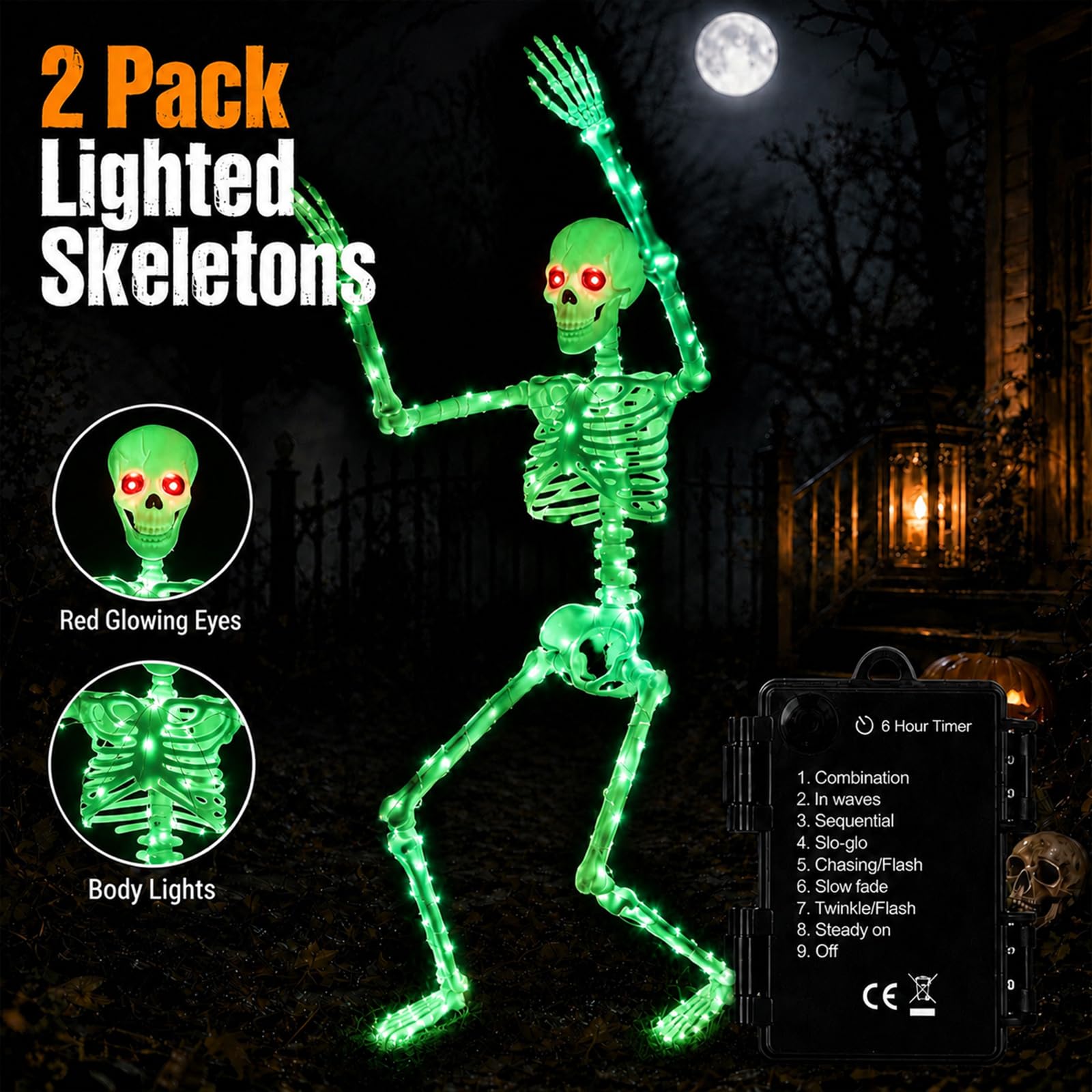 Starweeks light-up skeleton against a dark background with colourful LED lights