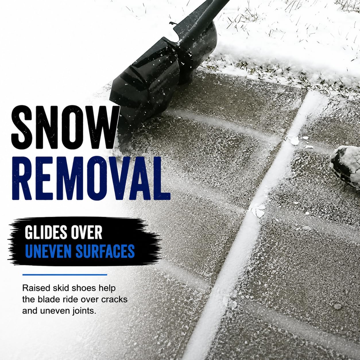 Stay+Safe Tools Snow Shovel blade gliding over composite decking