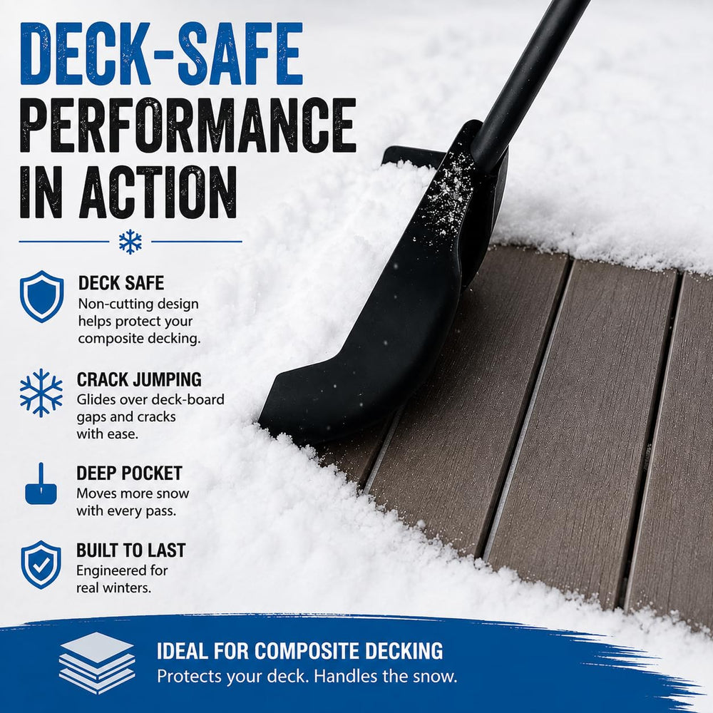 Stay+Safe Tools Snow Shovel in use on a snowy deck