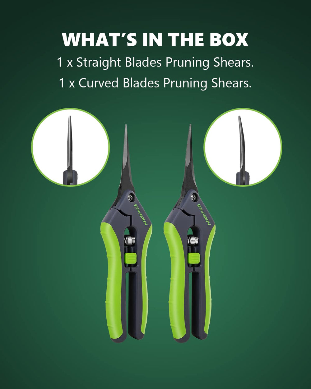 STAYGROW 6.5-inch curved pruning shears with green handles