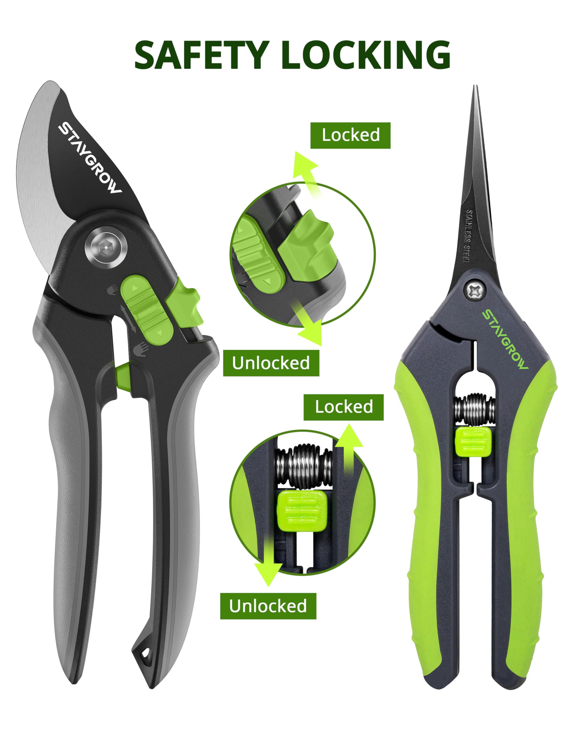 STAYGROW gardening scissors with safety lock feature