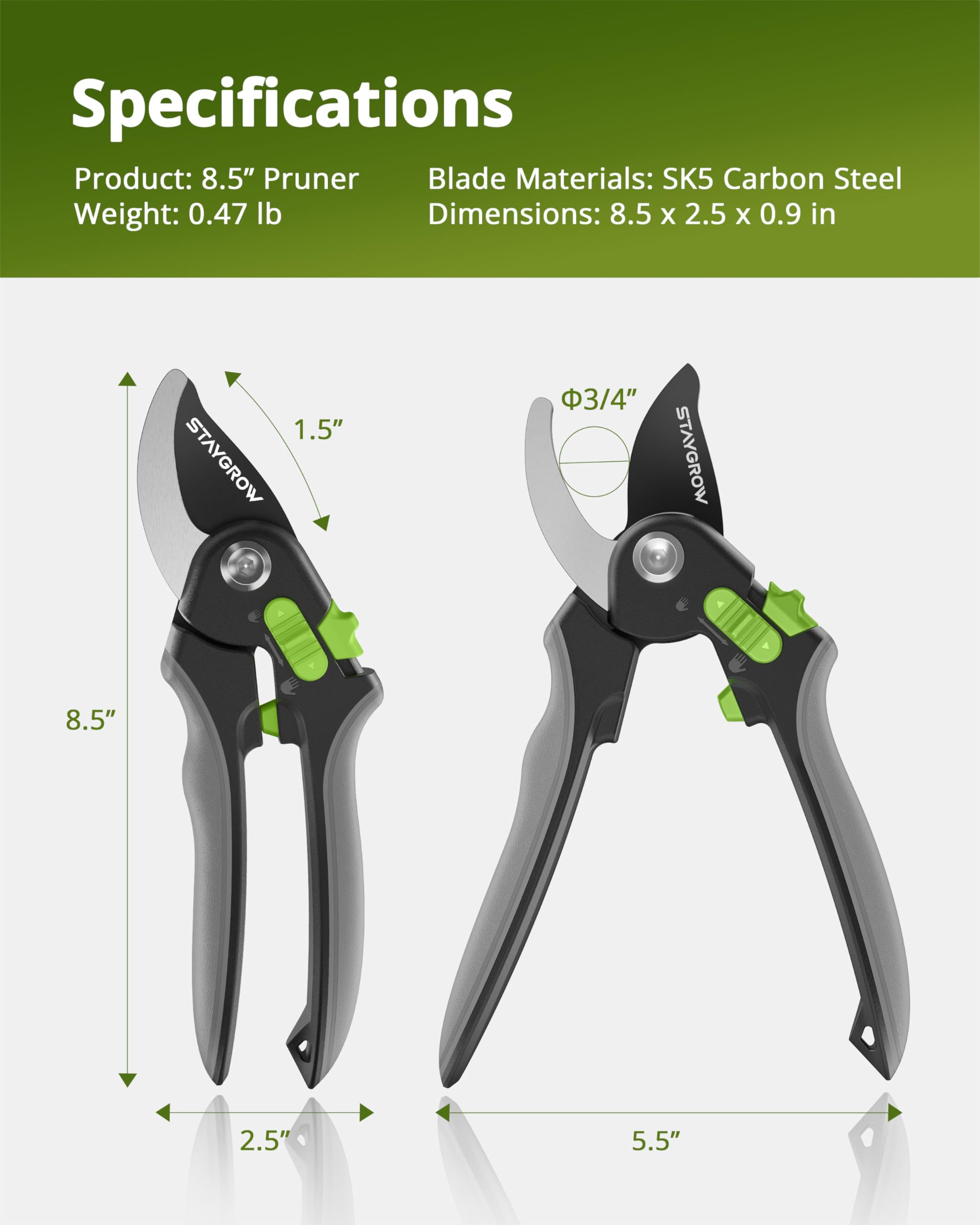 STAYGROW pruning shears alongside other gardening tools
