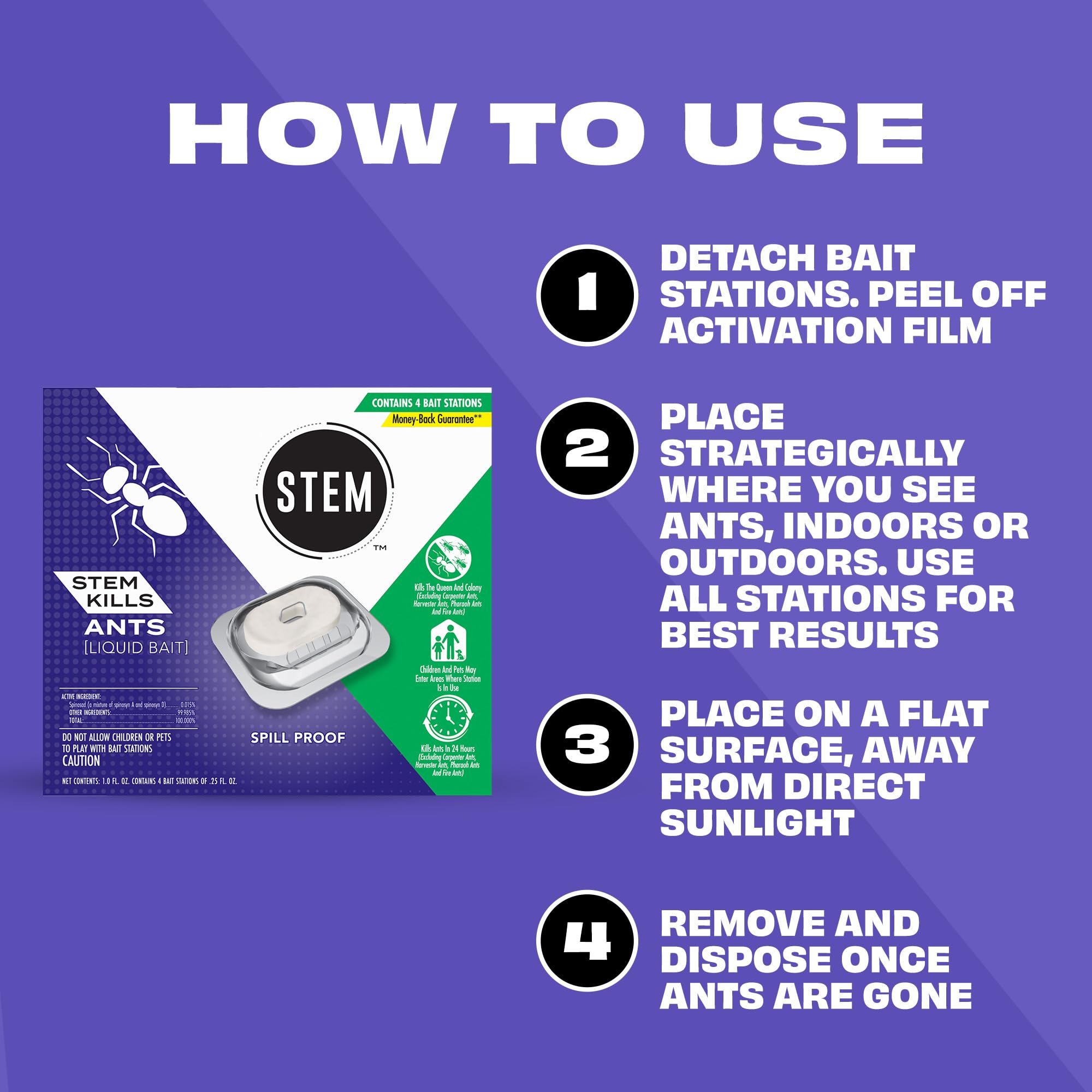 STEM Liquid Ant Bait packaging with clear bait stations