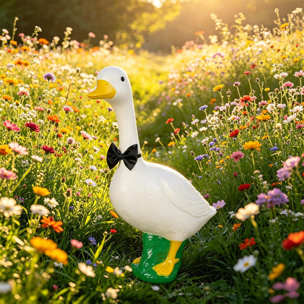 Stentec garden goose statue against a backdrop of flowers
