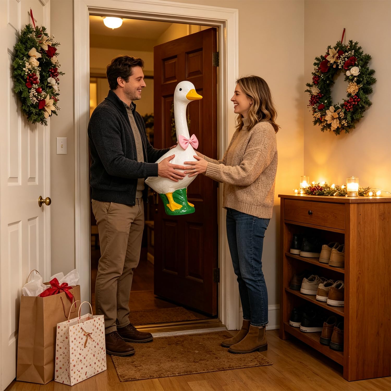Stentec goose statue displayed indoors in a living room