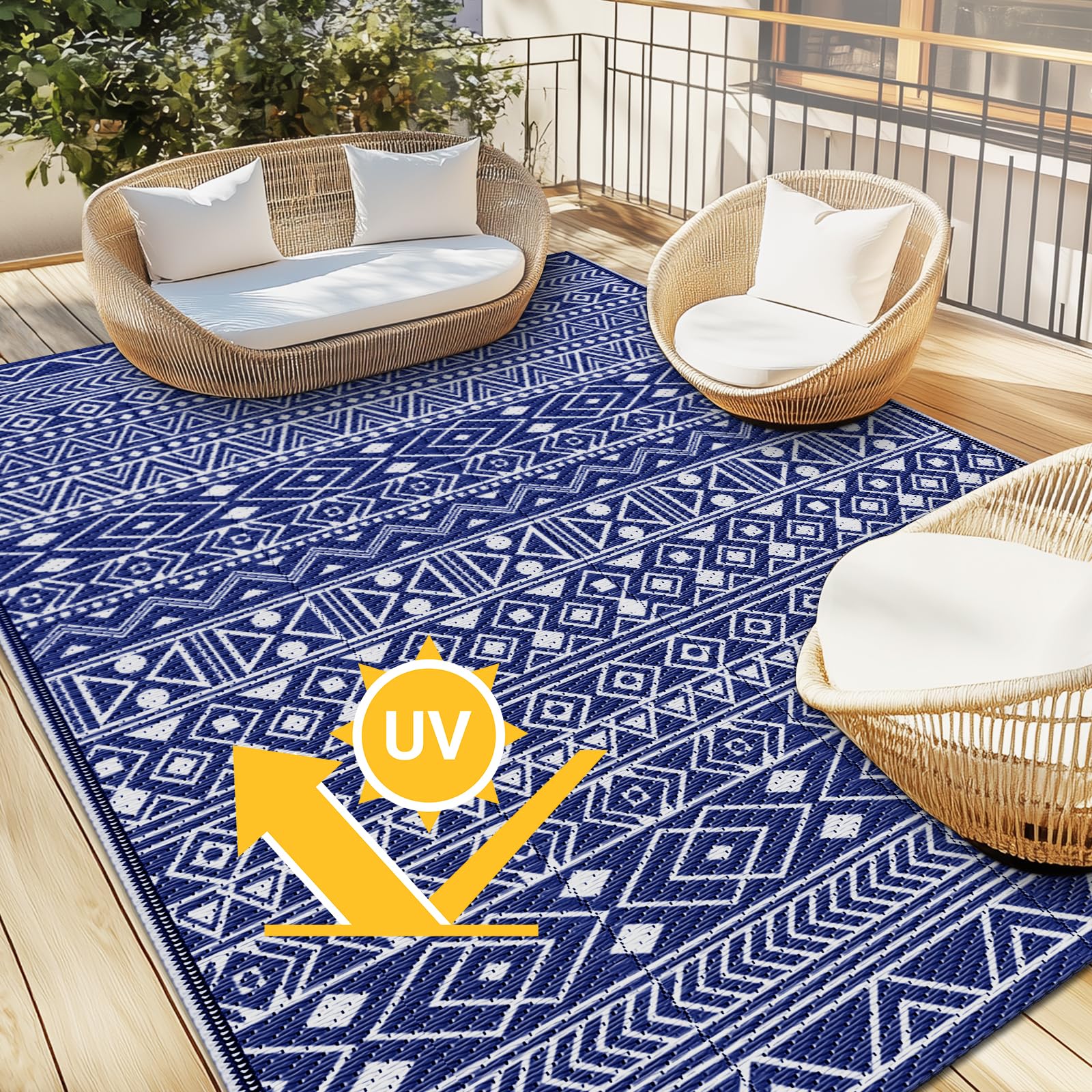 StepLively 5x8 ft outdoor rug rolled up for storage