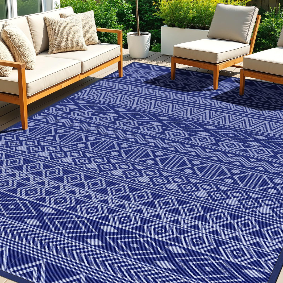 StepTastic Outdoor Rug 5x8 ft blue and white reversible design