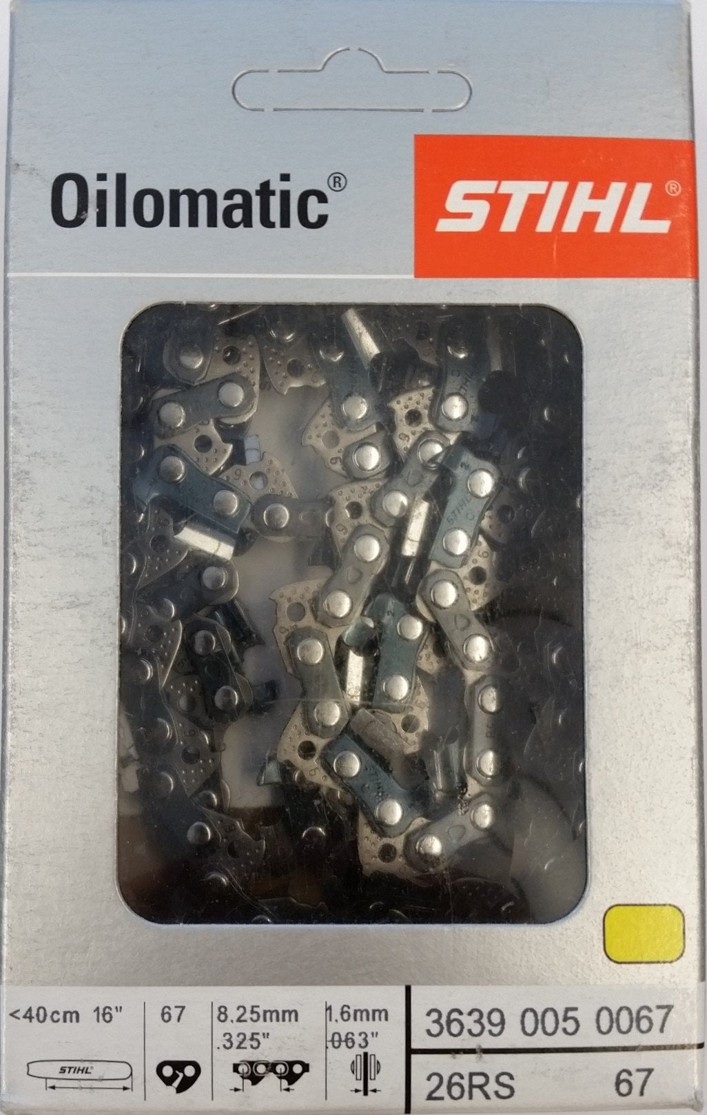 Stihl 16-inch chainsaw full chisel saw chain packaging front view