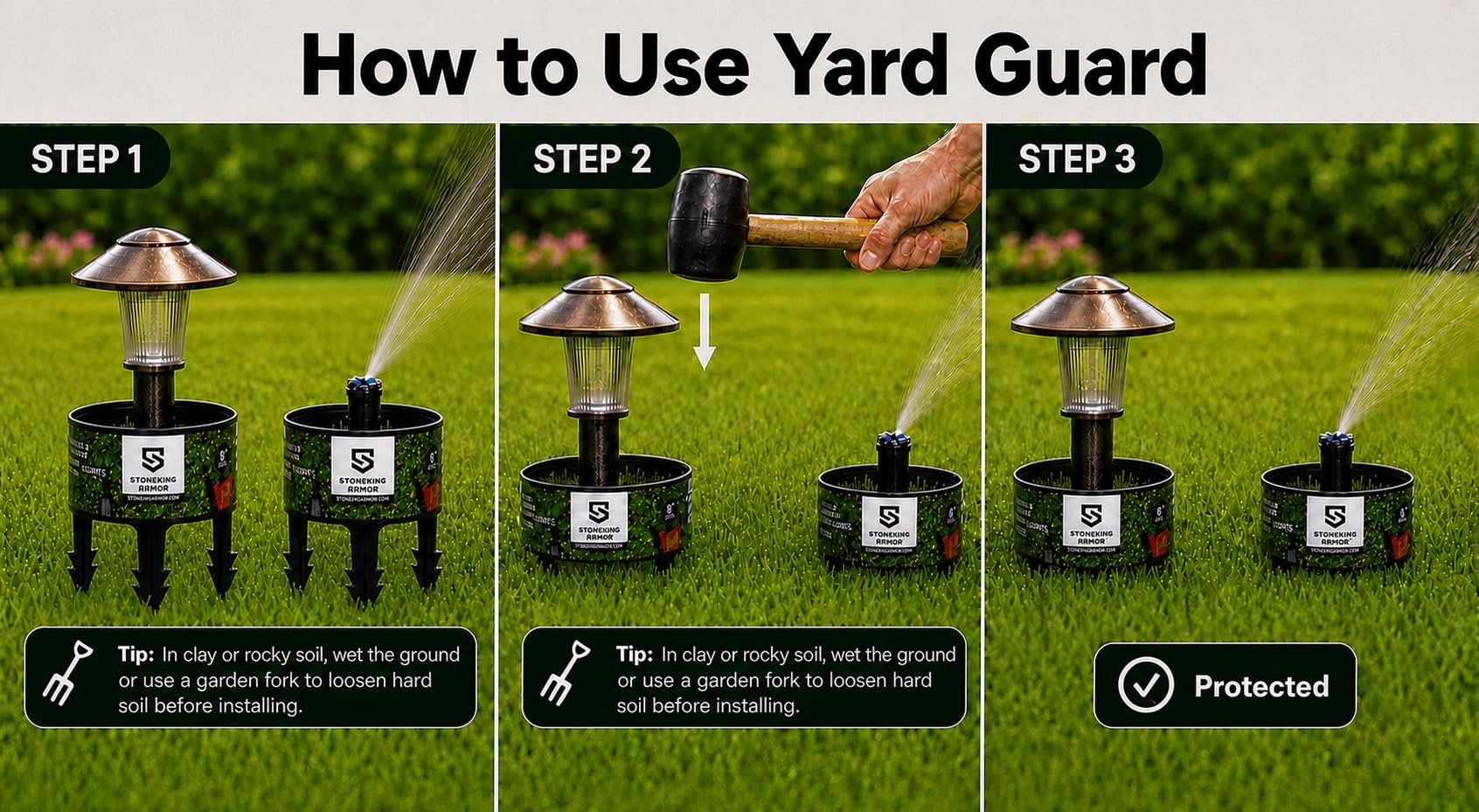 Stoneking Armor Yard Guard protecting lawn sprinkler