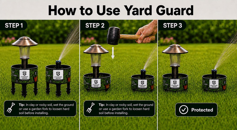 Stoneking Armor Yard Guard protecting lawn sprinkler