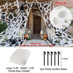 Stretchable giant spider web with ground stakes included