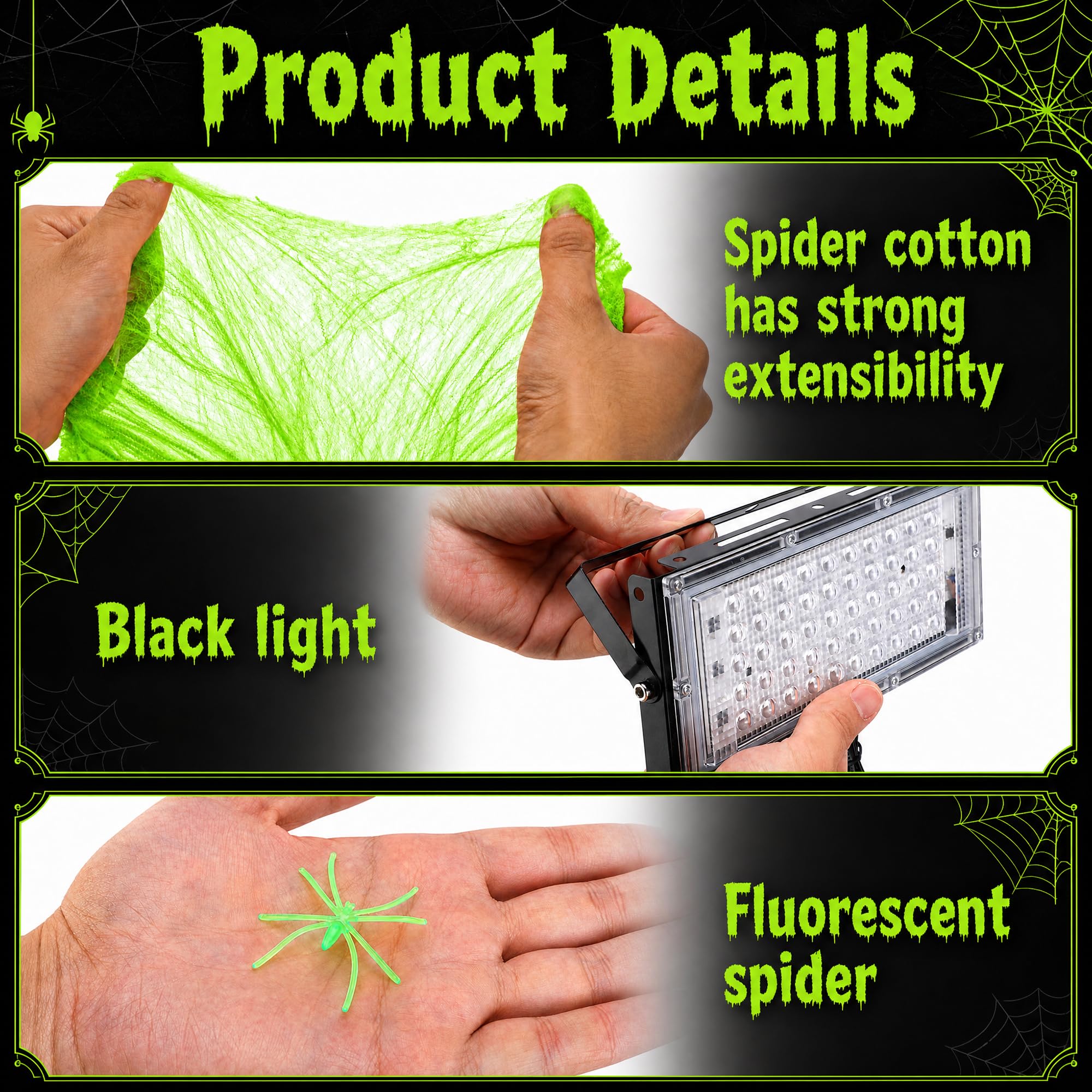 Stretchable spider web decoration in outdoor setting